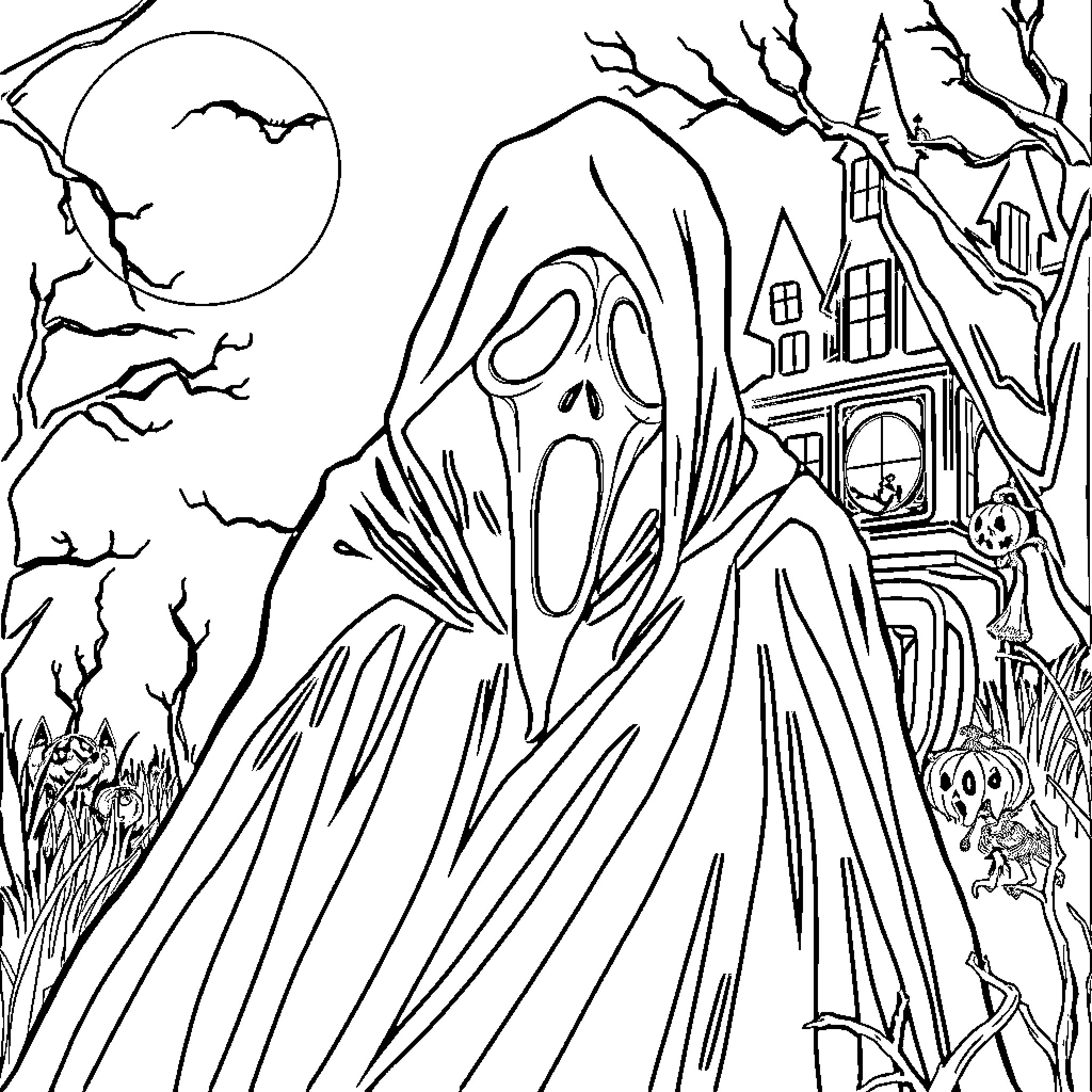 Ghostface in a Spooky Haunted House Scene Coloring Page (free black-and-white line drawing printable PDF for all, from beginners to advanced learners, including children, teens, adults, and seniors)