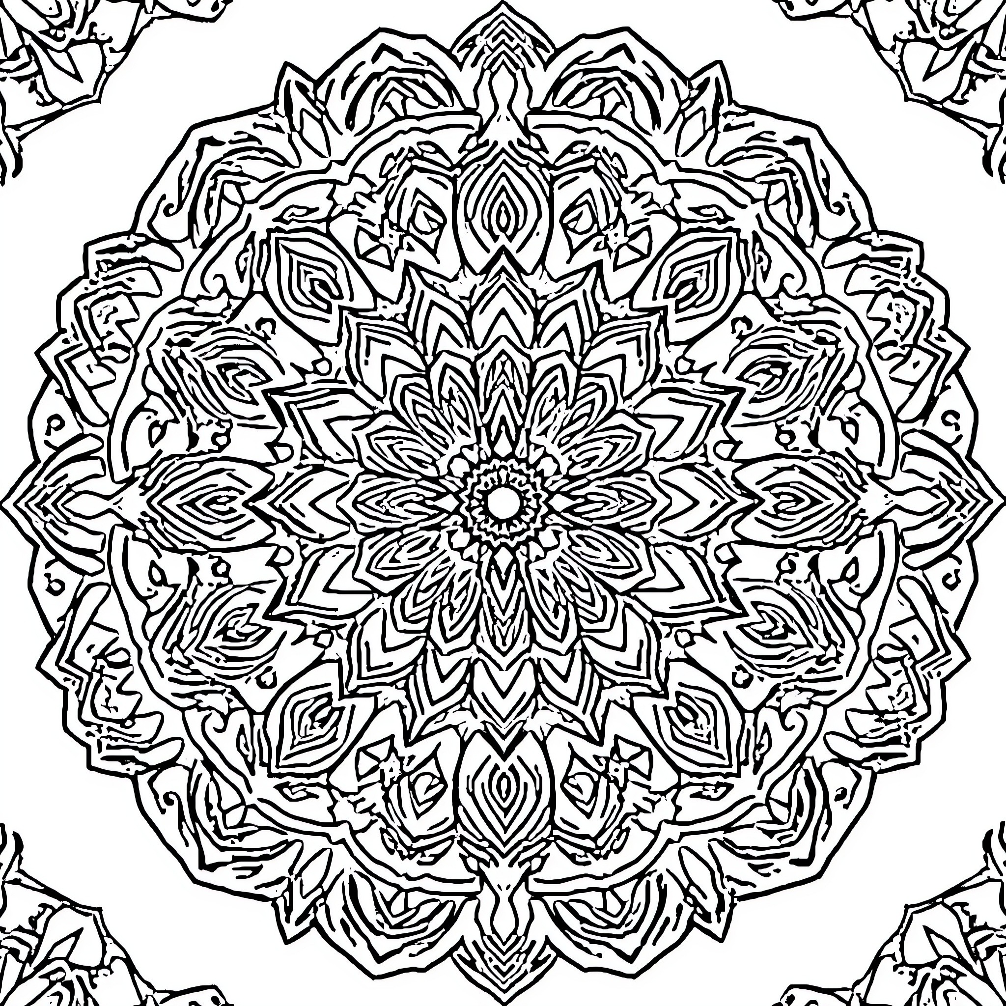 Mandala of intricate floral patterns Coloring Page (free black-and-white line drawing printable PDF for all, from beginners to advanced learners, including children, teens, adults, and seniors)