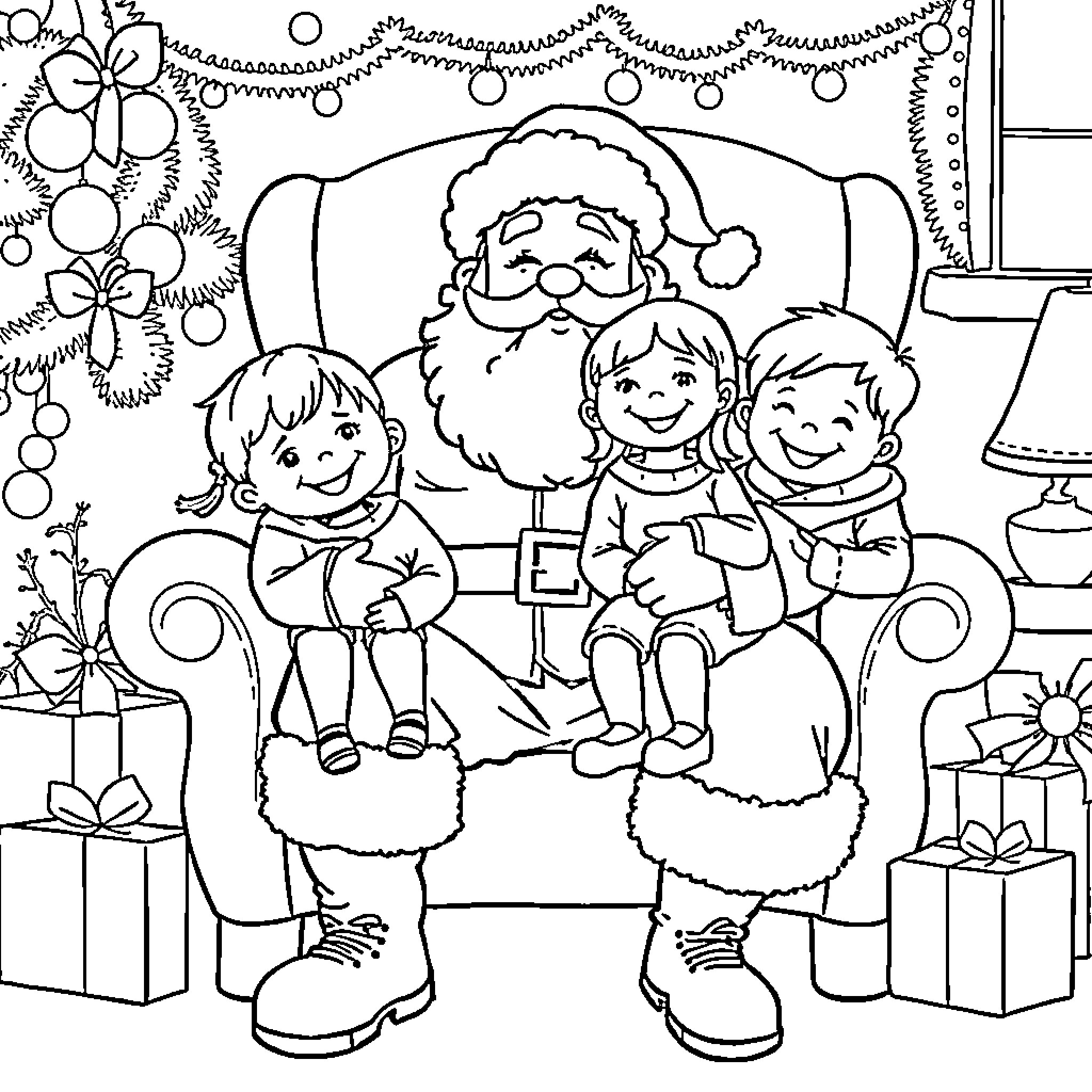 Santa listening to children's wishes Coloring Page (free black-and-white line drawing printable PDF for all, from beginners to advanced learners, including children, teens, adults, and seniors)