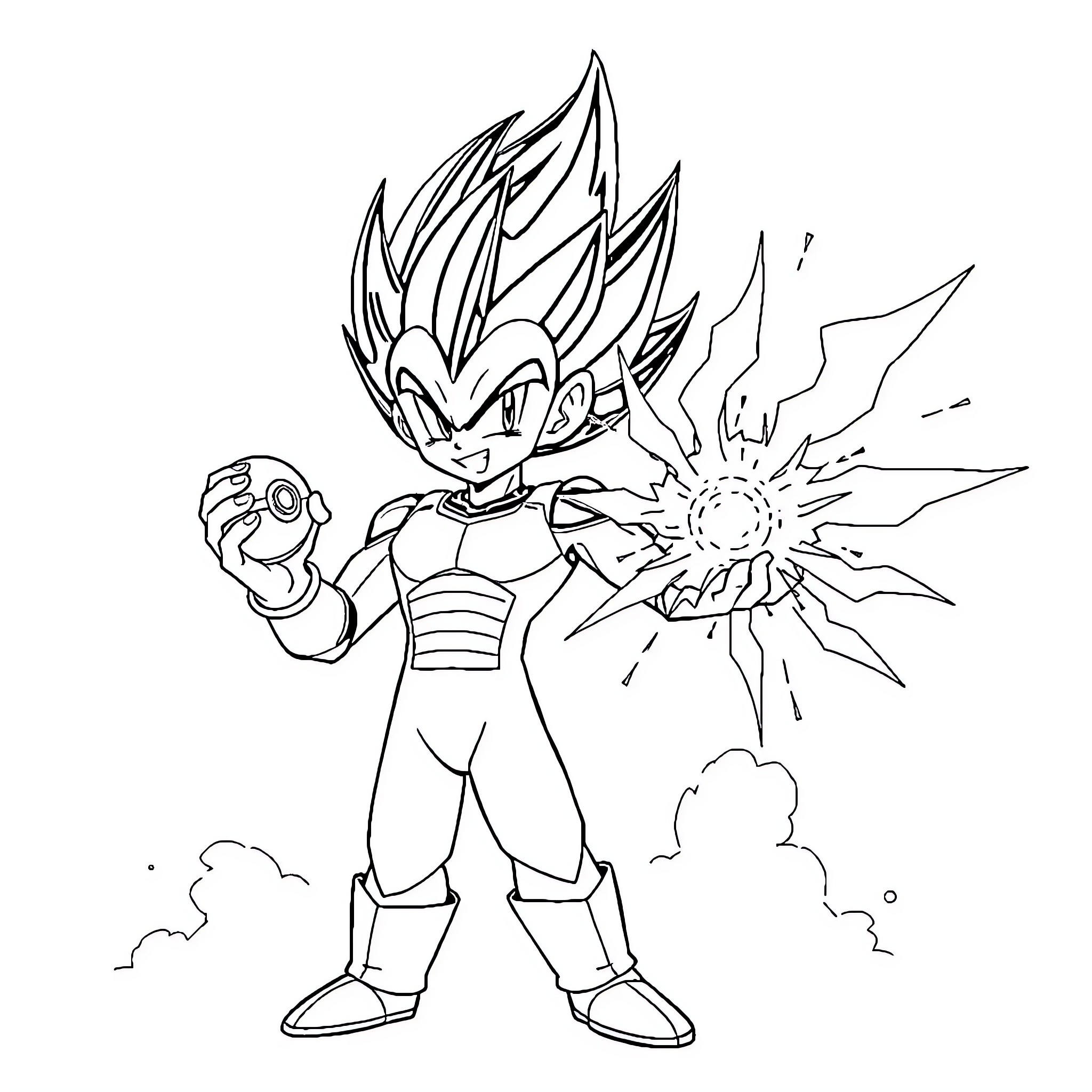 Vegeta firing powerful energy blast Coloring Page (free black-and-white line drawing printable PDF for all, from beginners to advanced learners, including children, teens, adults, and seniors)