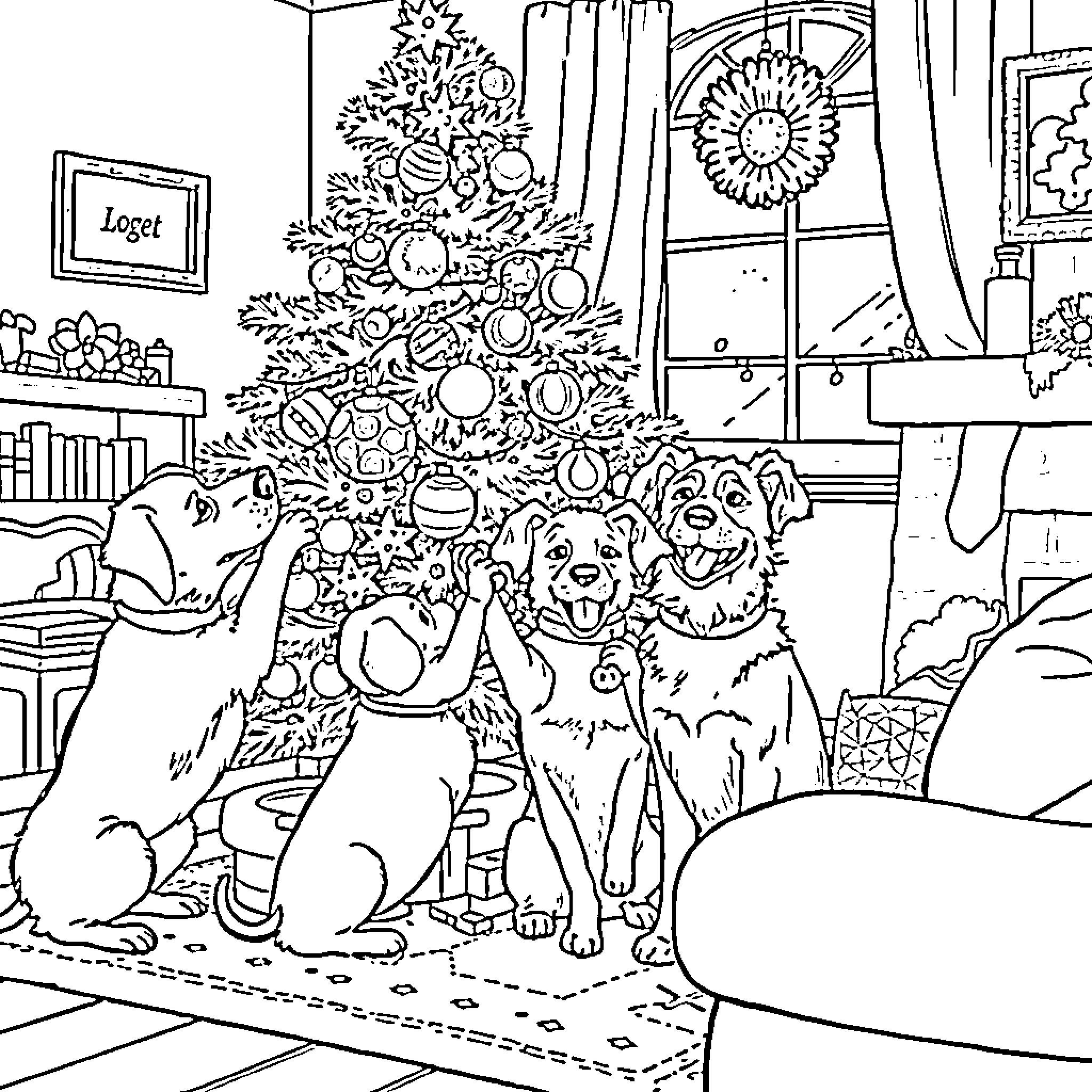 Dog enjoying the Christmas tree and decorations Coloring Page (free black-and-white line drawing printable PDF for all, from beginners to advanced learners, including children, teens, adults, and seniors)