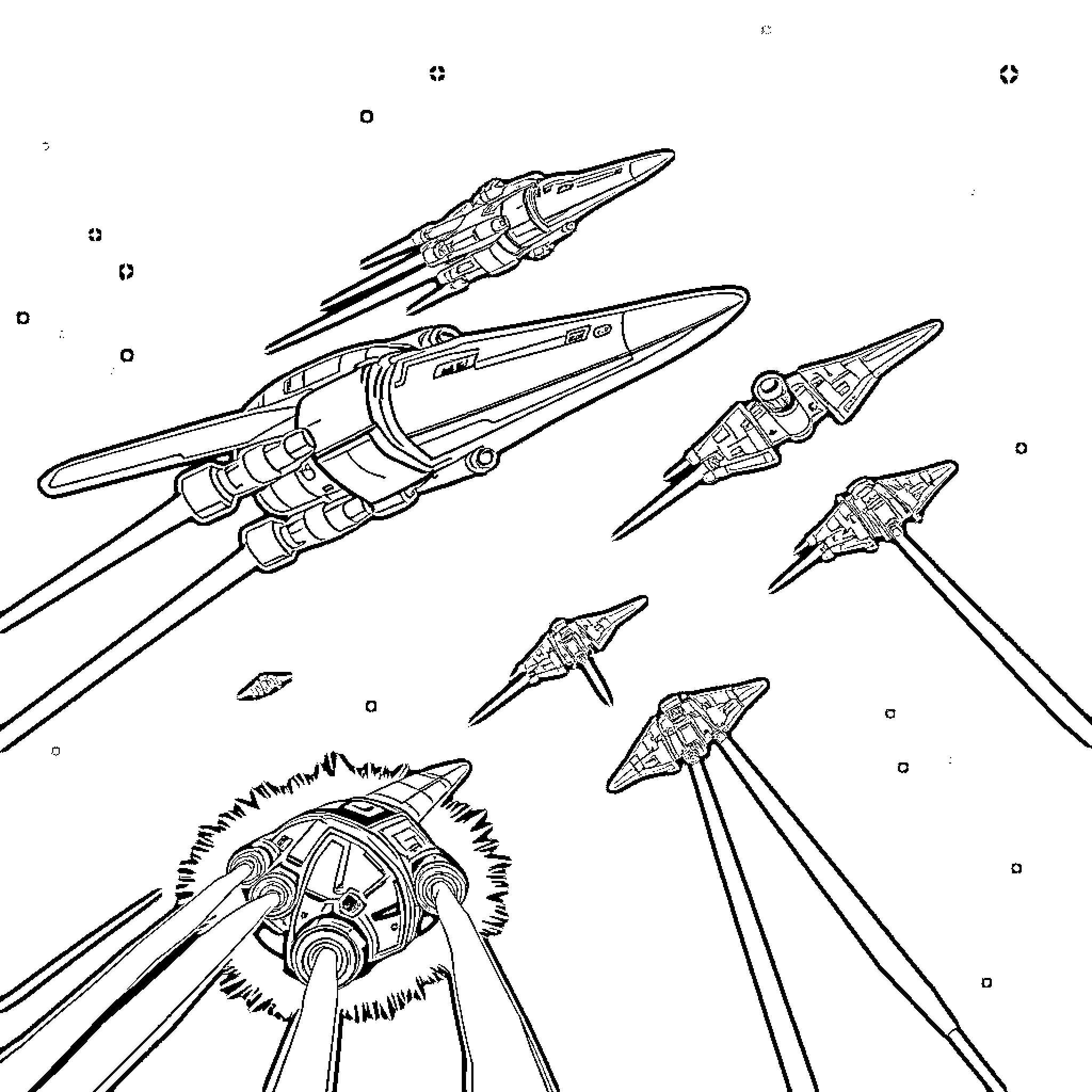 Alien spacecraft formations in the cosmos Coloring Page (free black-and-white line drawing printable PDF for all, from beginners to advanced learners, including children, teens, adults, and seniors)