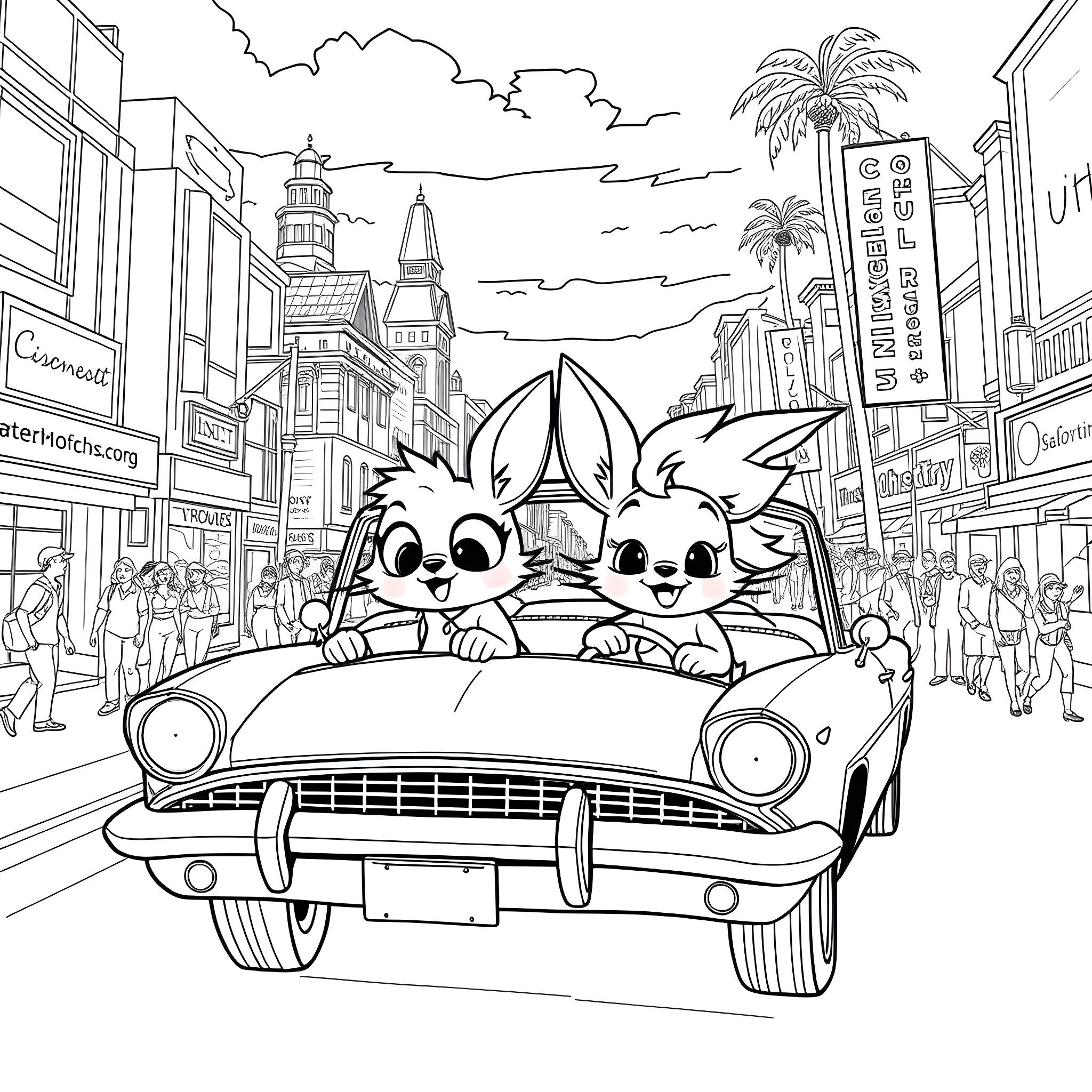 Car with cartoon characters in the city Coloring Page (free black-and-white line drawing printable PDF for all, from beginners to advanced learners, including children, teens, adults, and seniors)