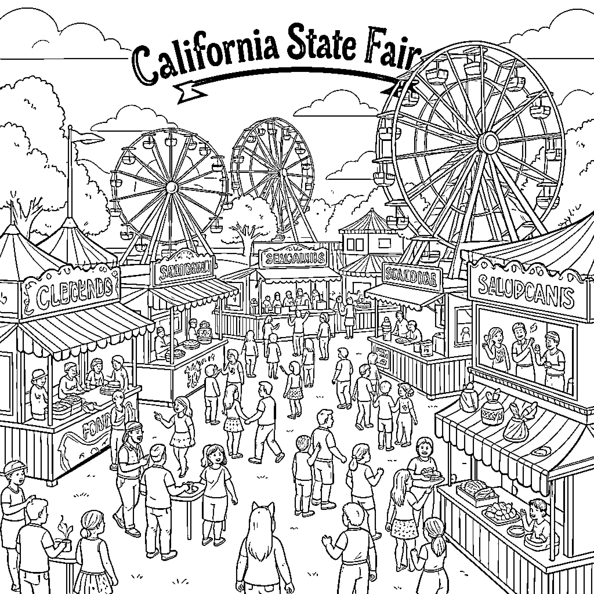 California State Fair with people enjoying amusement rides and food stalls Coloring Page (free black-and-white line drawing printable PDF for all, from beginners to advanced learners, including children, teens, adults, and seniors)