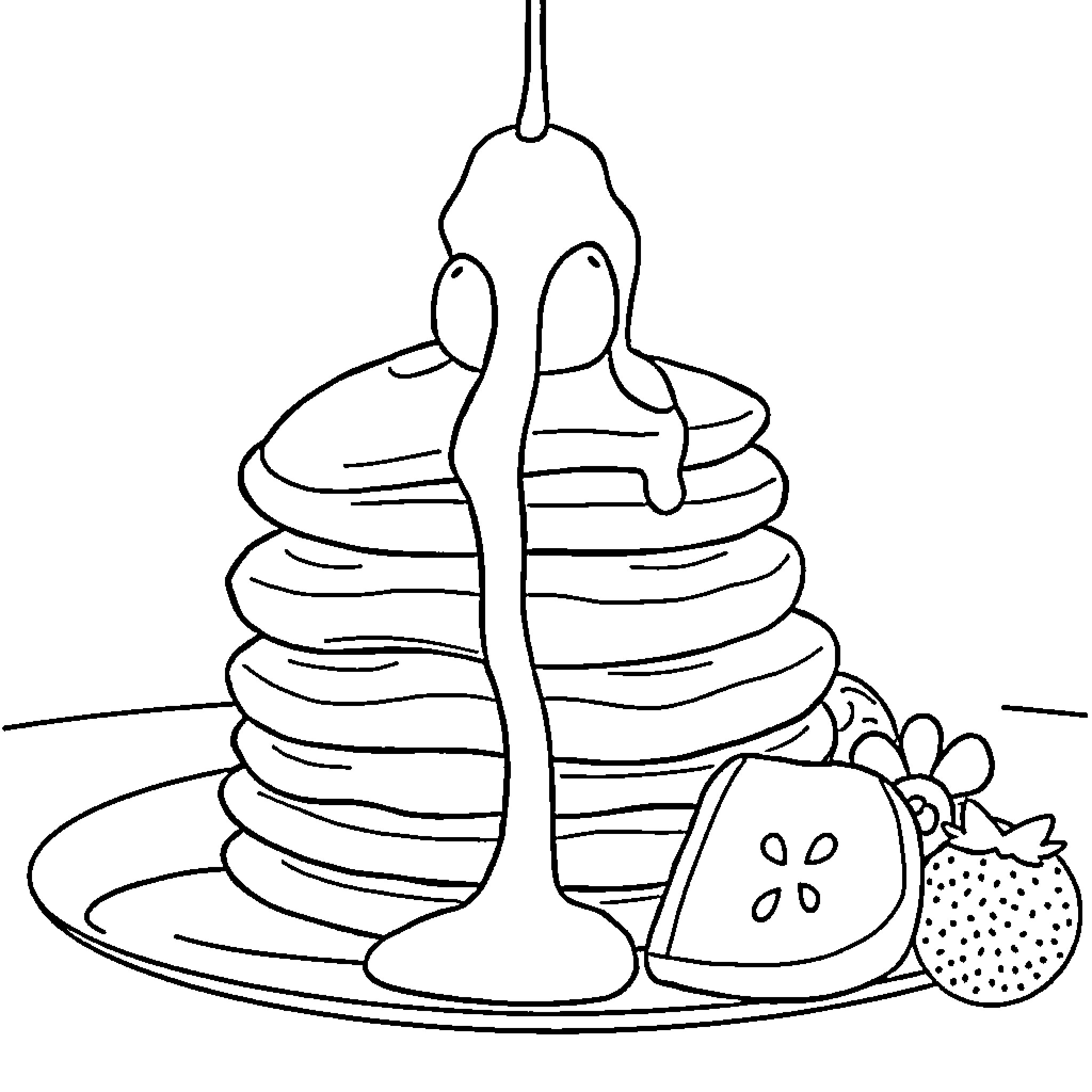 Pancake stack with fruit on plate Coloring Page (free black-and-white line drawing printable PDF for all, from beginners to advanced learners, including children, teens, adults, and seniors)