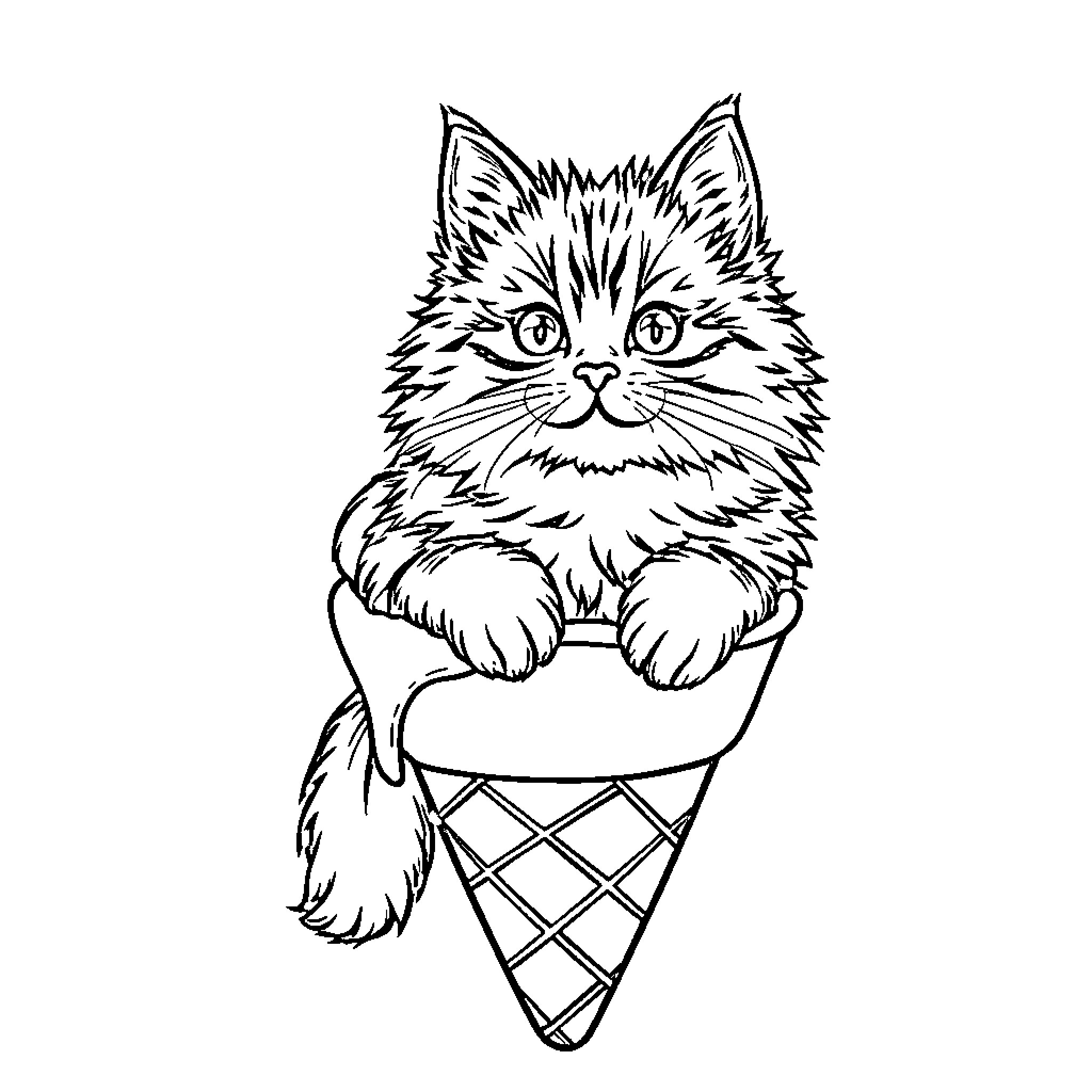 Cat in ice cream cone Coloring Page (free black-and-white line drawing printable PDF for all, from beginners to advanced learners, including children, teens, adults, and seniors)
