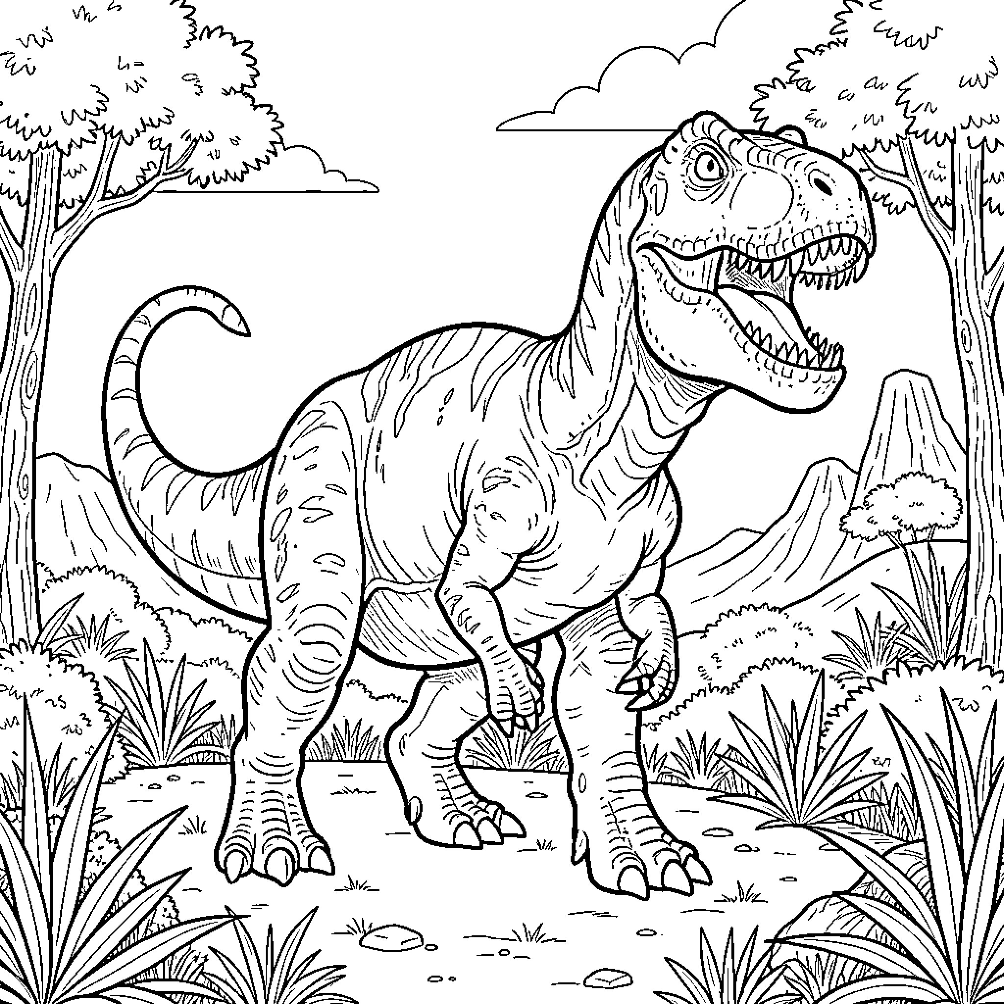 Dinosaur roaring in the prehistoric landscape Coloring Page (free black-and-white line drawing printable PDF for all, from beginners to advanced learners, including children, teens, adults, and seniors)