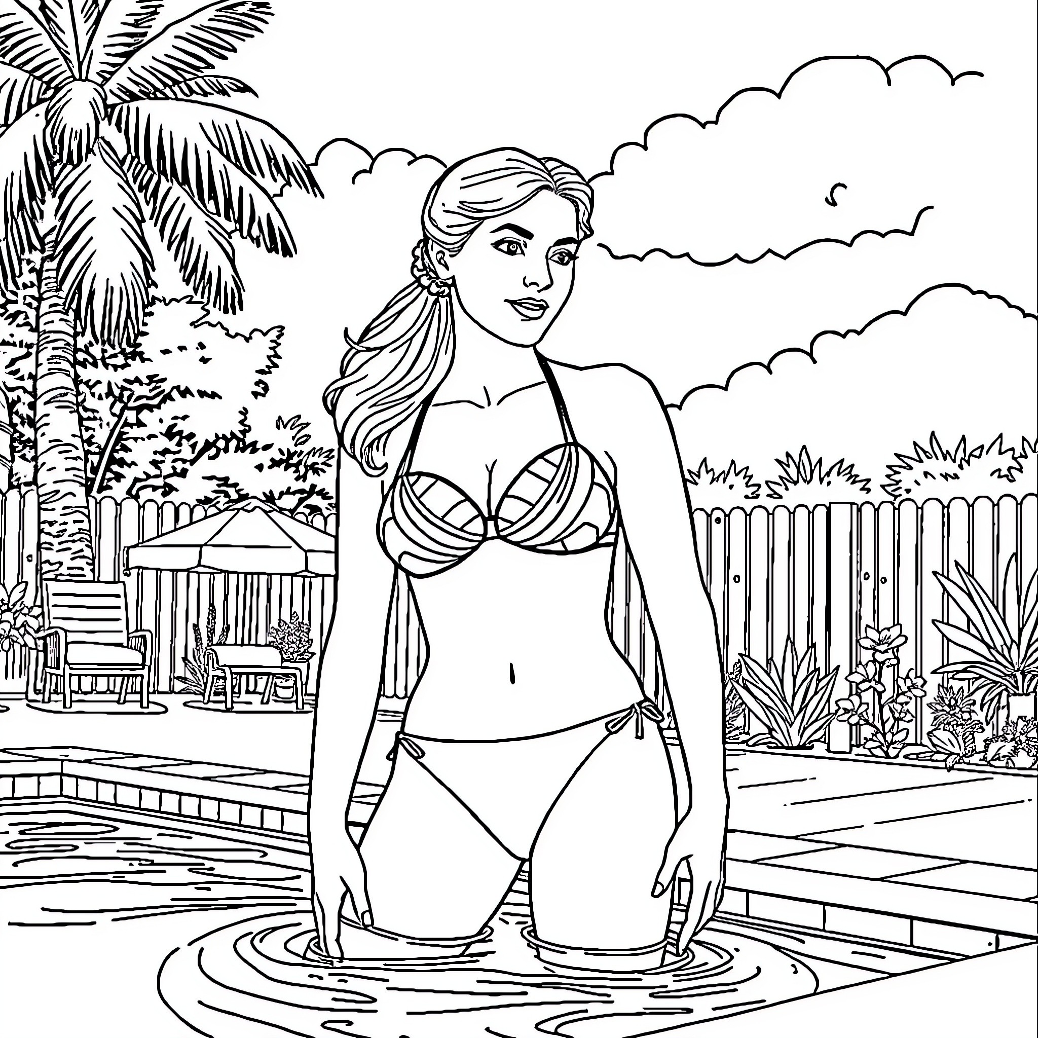 Mary Ingalls enjoying a summer day at the beach Coloring Page (free black-and-white line drawing printable PDF for all, from beginners to advanced learners, including children, teens, adults, and seniors)