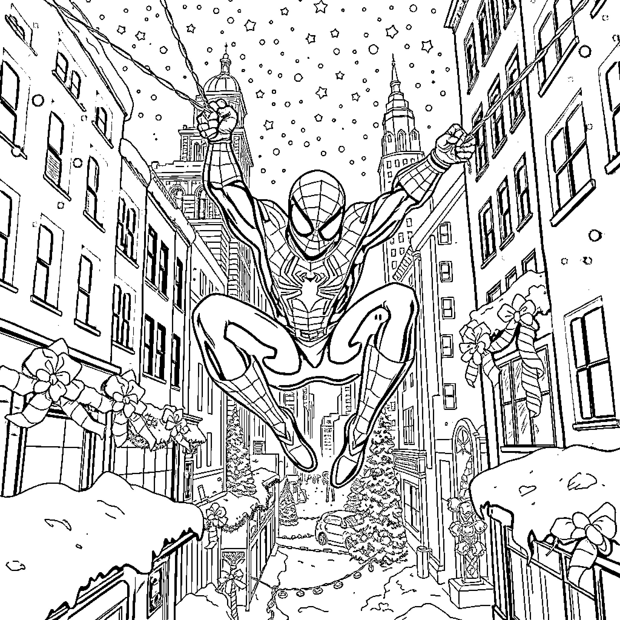 Spiderman swinging through a snowy city Coloring Page (free black-and-white line drawing printable PDF for all, from beginners to advanced learners, including children, teens, adults, and seniors)