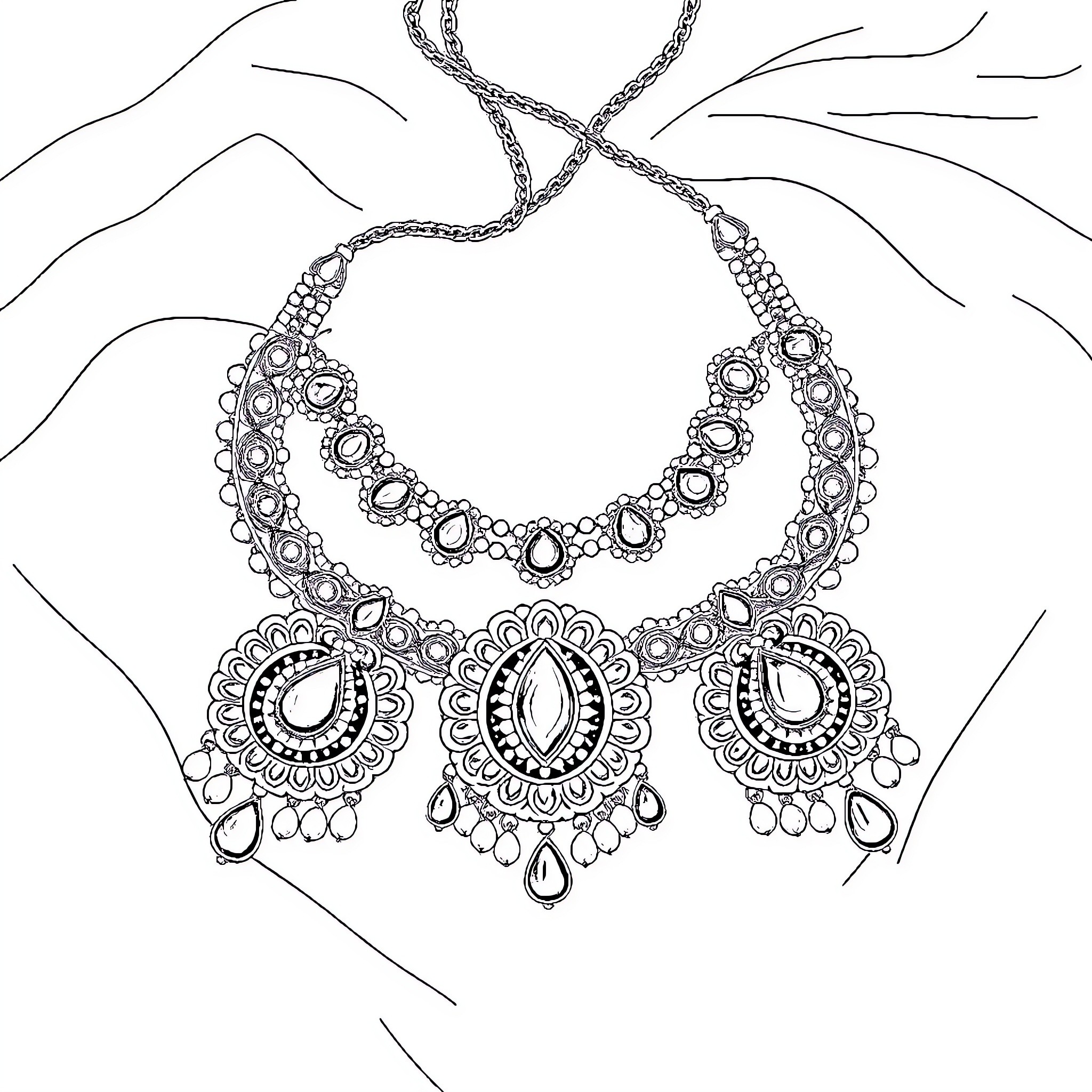 Necklace with intricate pendant designs Coloring Page (free black-and-white line drawing printable PDF for all, from beginners to advanced learners, including children, teens, adults, and seniors)