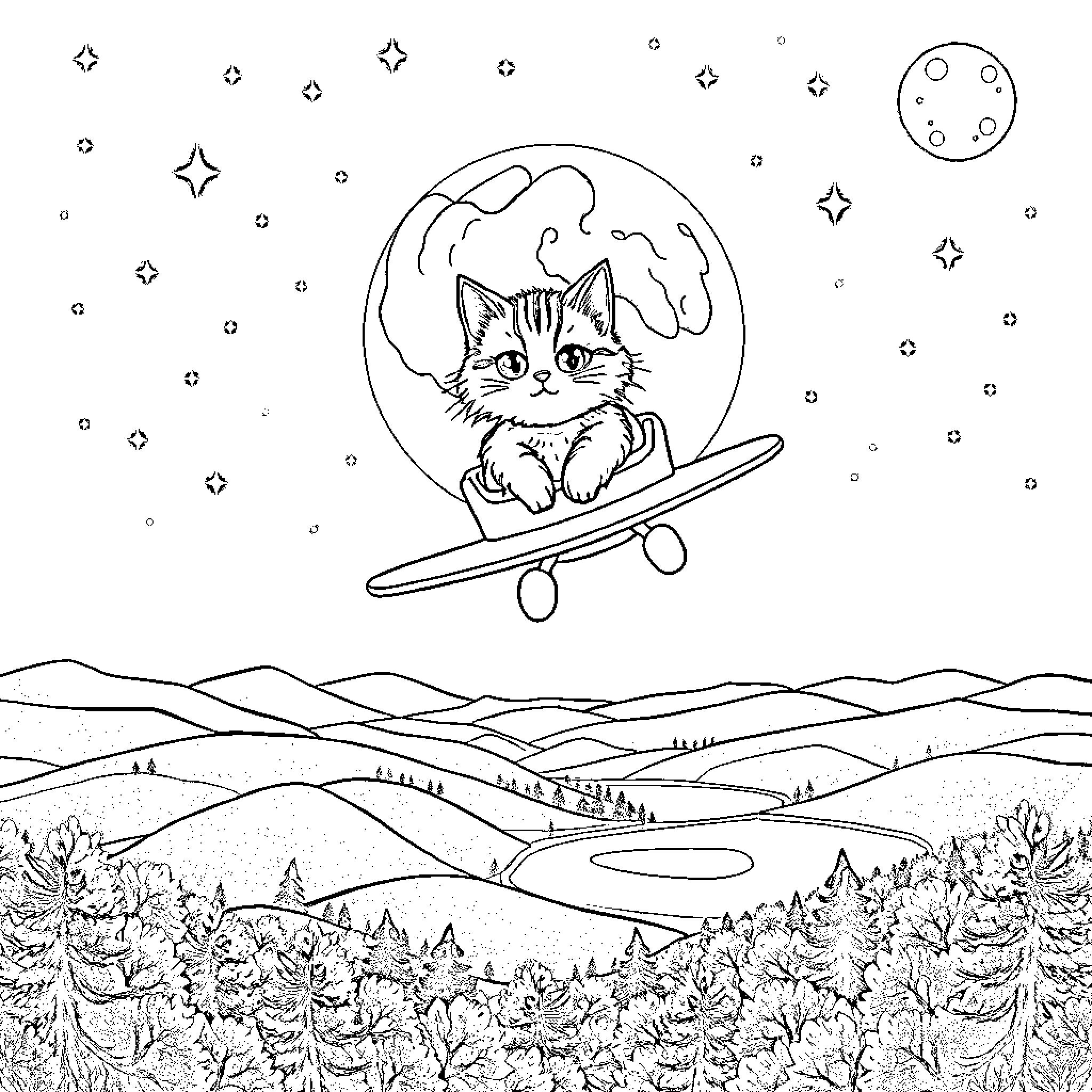 Cat Riding Surfboard in Night Sky Coloring Page (free black-and-white line drawing printable PDF for all, from beginners to advanced learners, including children, teens, adults, and seniors)