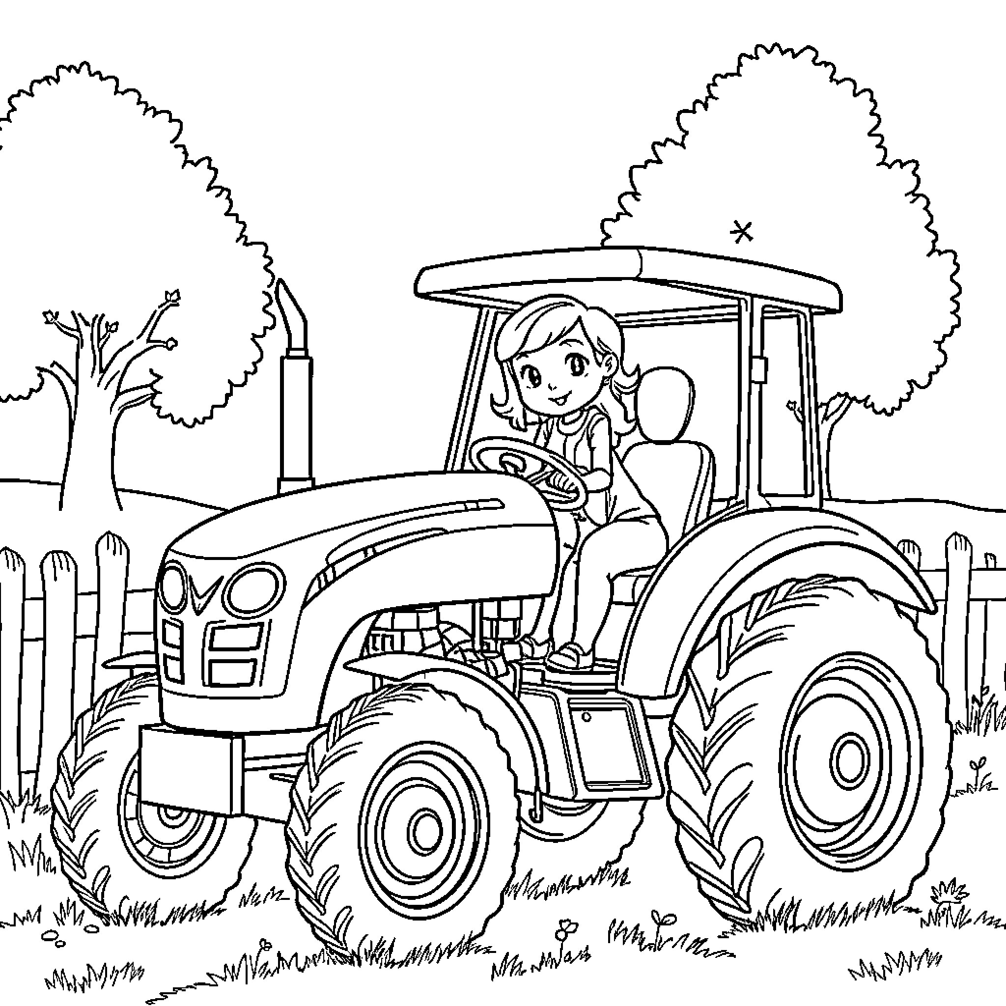 Tractor driven by a happy child in a rural landscape Coloring Page (free black-and-white line drawing printable PDF for all, from beginners to advanced learners, including children, teens, adults, and seniors)