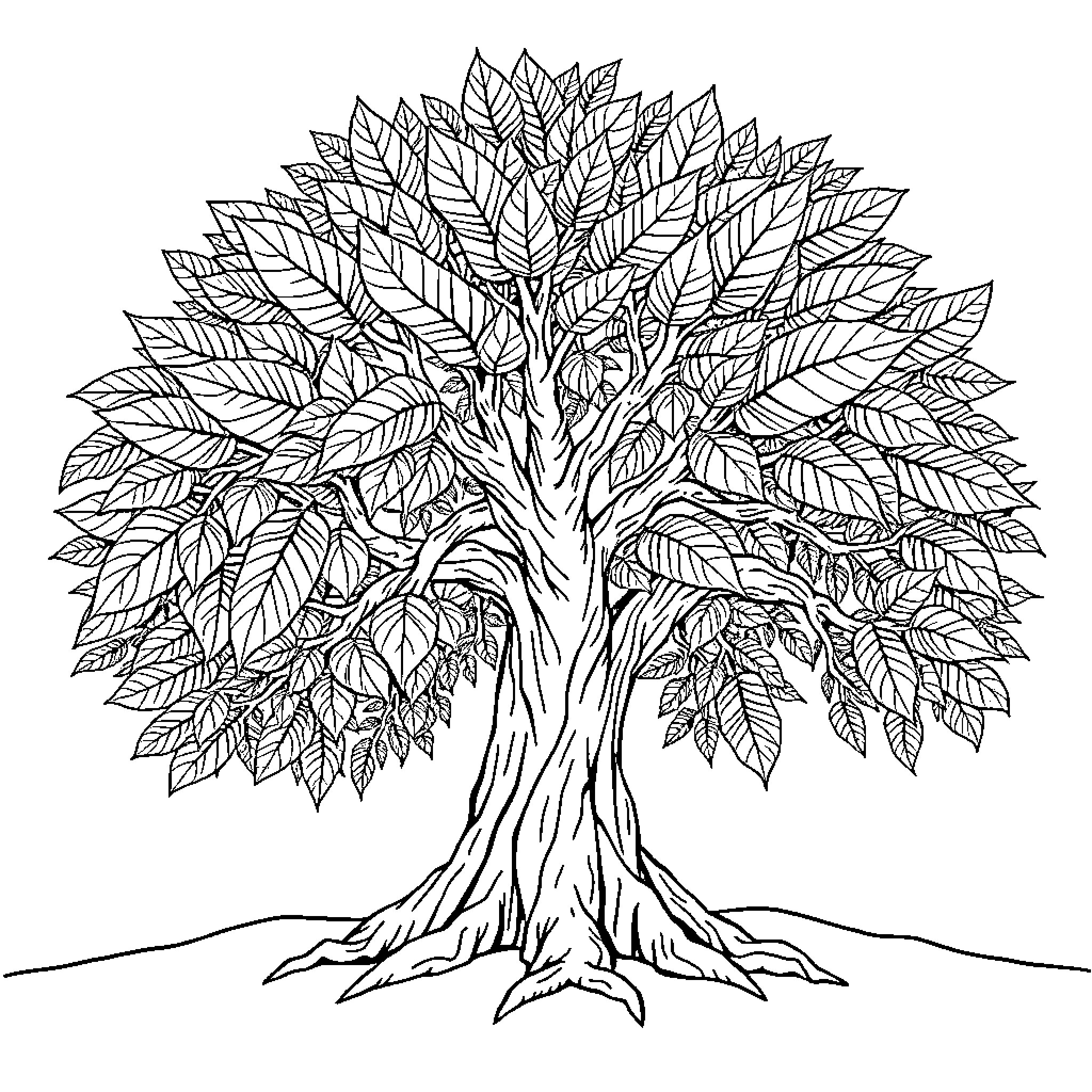 Tree of life with detailed leaves Coloring Page (free black-and-white line drawing printable PDF for all, from beginners to advanced learners, including children, teens, adults, and seniors)