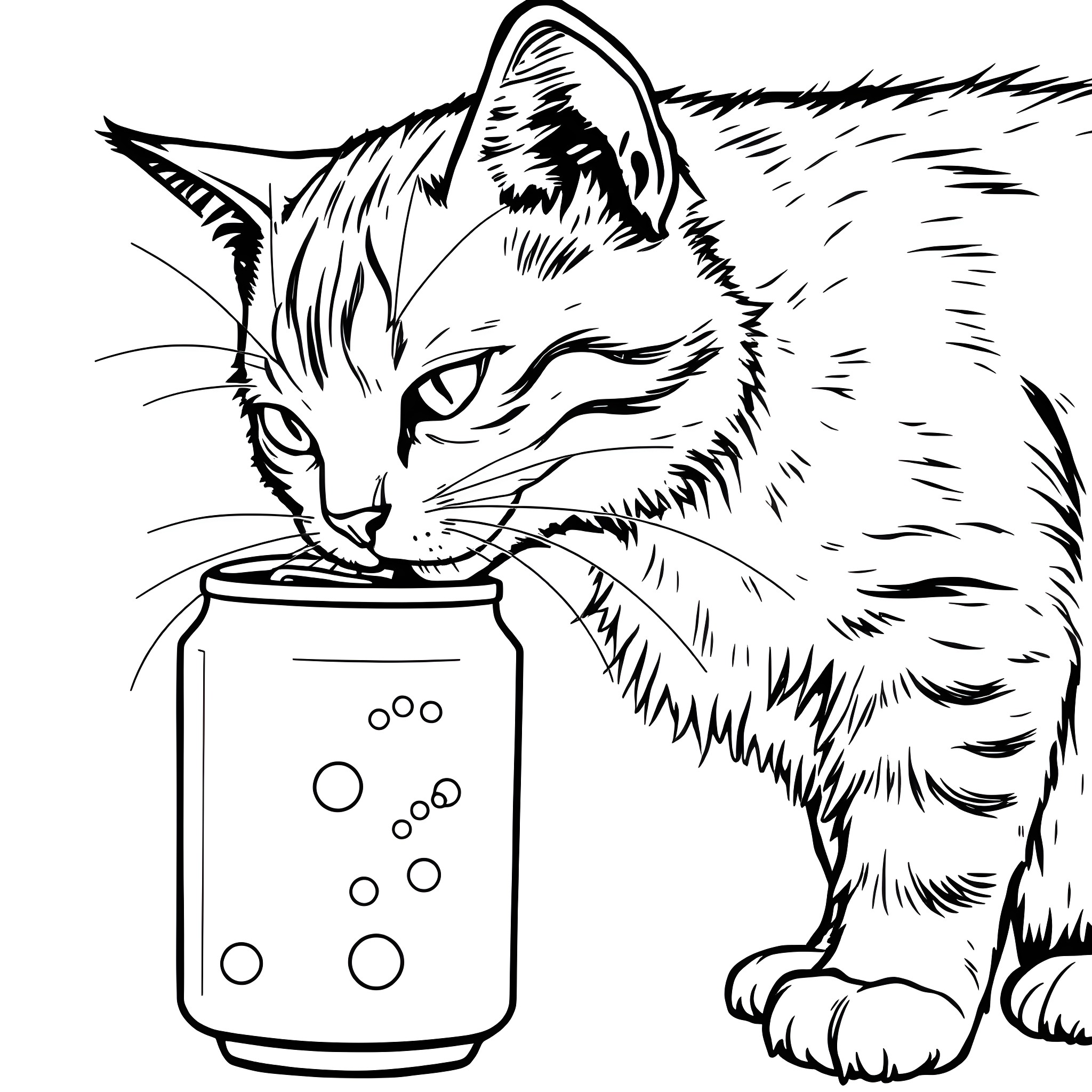 Cat drinking from a soda can Coloring Page (free black-and-white line drawing printable PDF for all, from beginners to advanced learners, including children, teens, adults, and seniors)