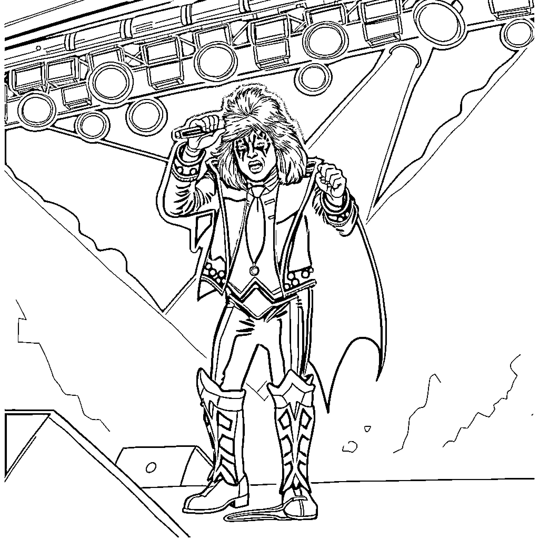 Donald Trump as a Rock Star on Stage Coloring Page (free black-and-white line drawing printable PDF for all, from beginners to advanced learners, including children, teens, adults, and seniors)