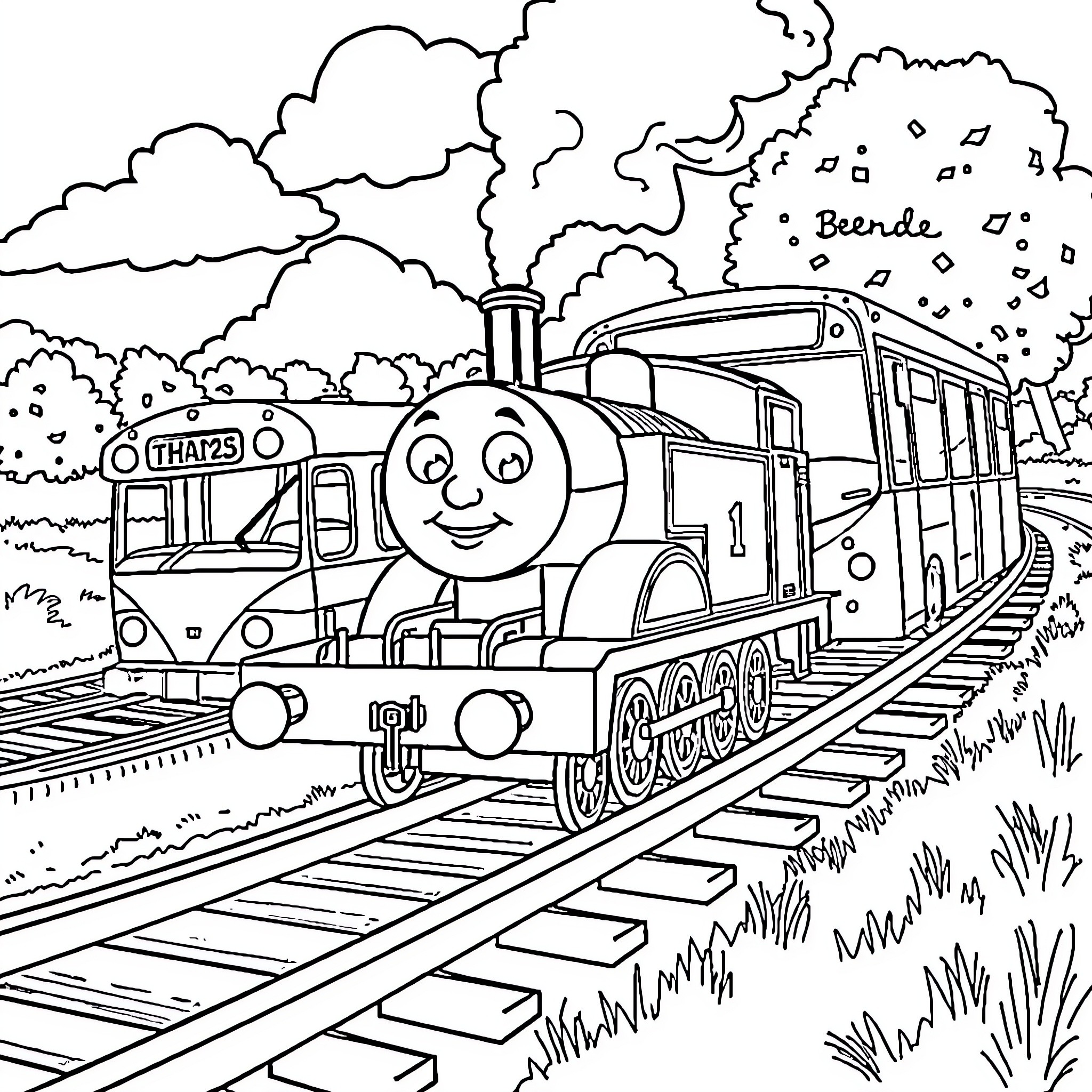 Thomas the Train happily chugging through scenic railway Coloring Page (free black-and-white line drawing printable PDF for all, from beginners to advanced learners, including children, teens, adults, and seniors)