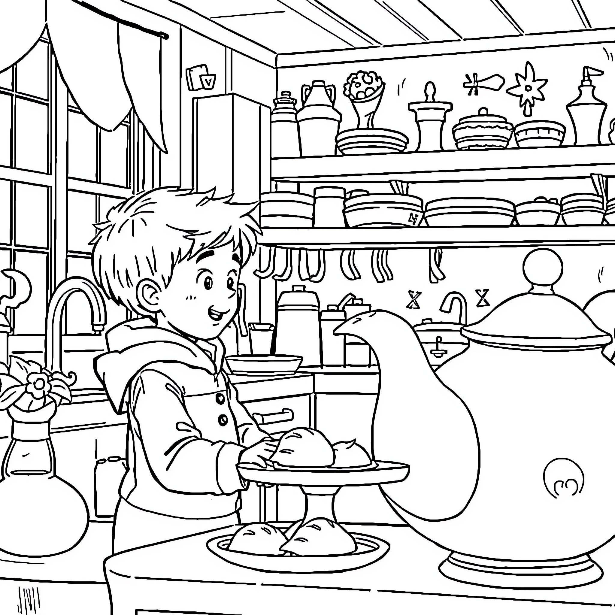 Chip explores the whimsical kitchen with curiosity Coloring Page (free black-and-white line drawing printable PDF for all, from beginners to advanced learners, including children, teens, adults, and seniors)