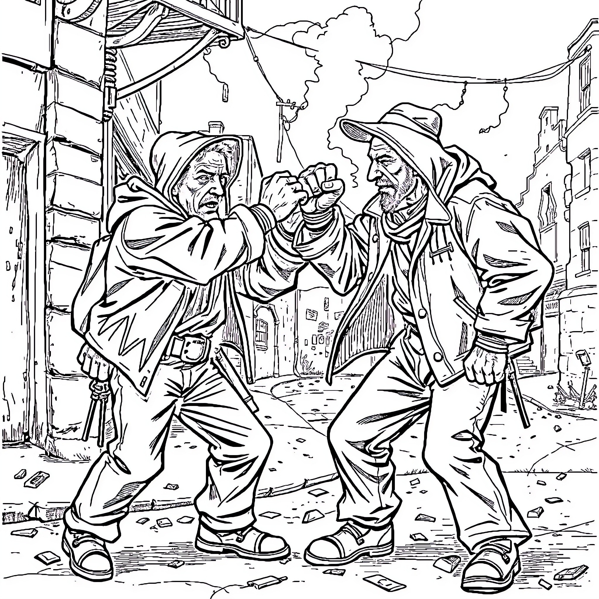 Hobo Comrades Celebrating Camaraderie in Alley Coloring Page (free black-and-white line drawing printable PDF for all, from beginners to advanced learners, including children, teens, adults, and seniors)