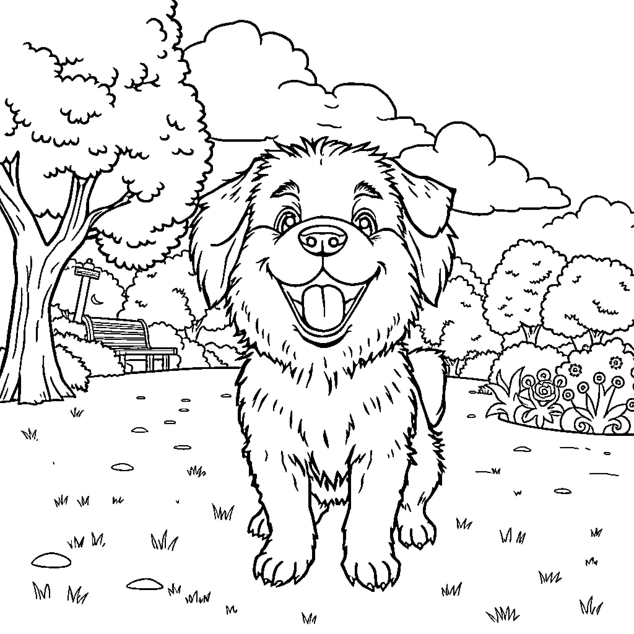 Dog joyfully exploring an outdoor park scene Coloring Page (free black-and-white line drawing printable PDF for all, from beginners to advanced learners, including children, teens, adults, and seniors)