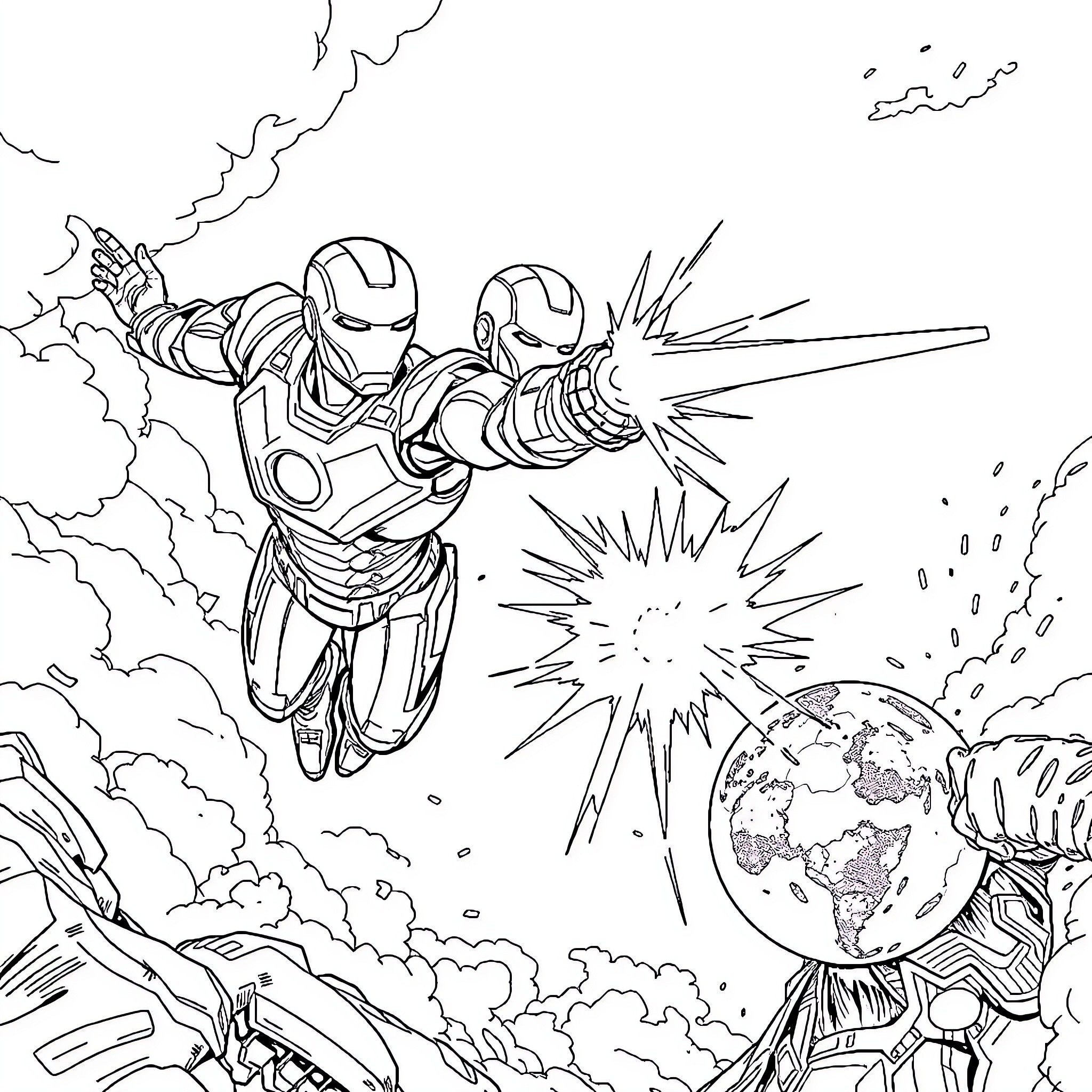 Ironman heroes in action-packed battle scene Coloring Page (free black-and-white line drawing printable PDF for all, from beginners to advanced learners, including children, teens, adults, and seniors)
