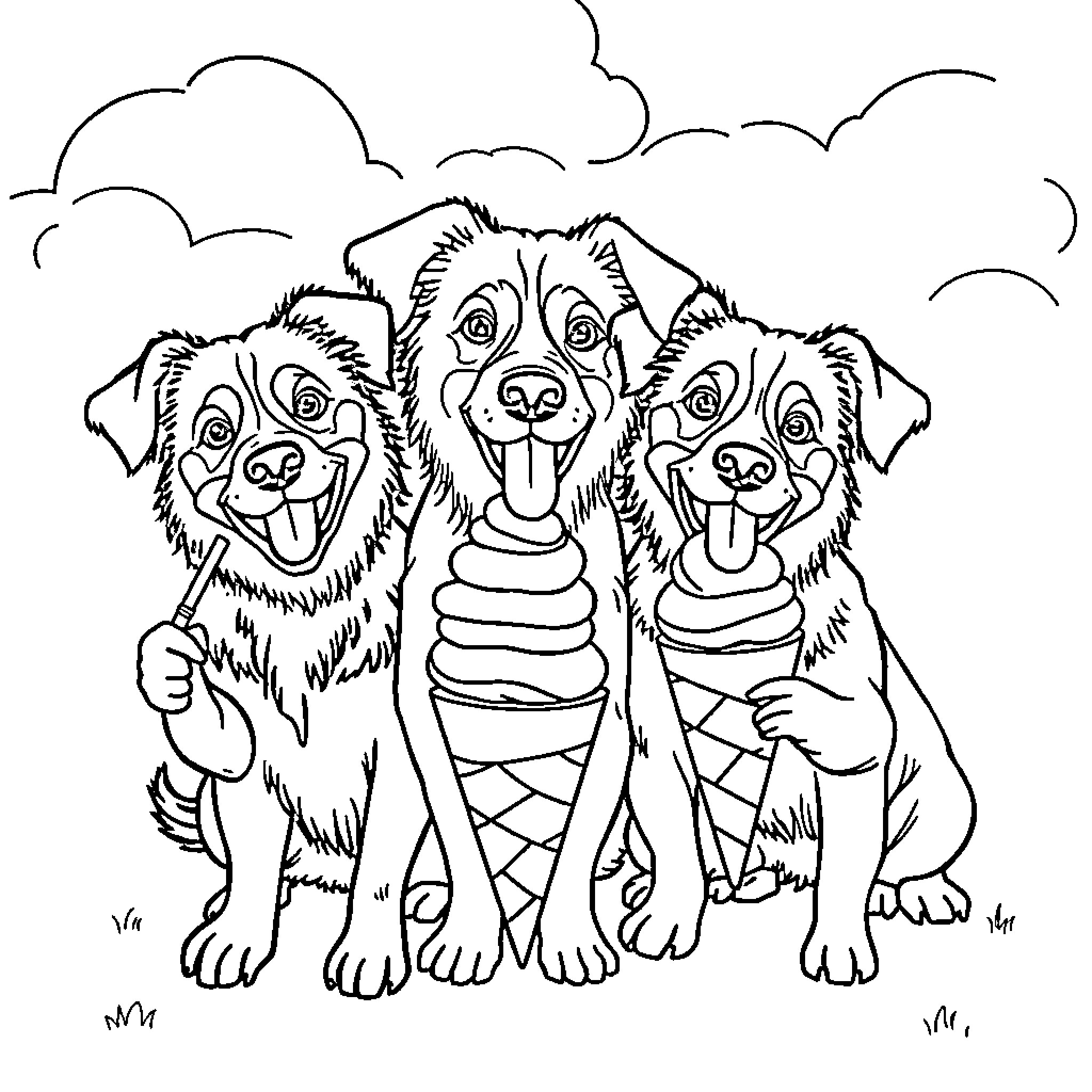 Dogs enjoying ice cream together on a cloudy day Coloring Page (free black-and-white line drawing printable PDF for all, from beginners to advanced learners, including children, teens, adults, and seniors)
