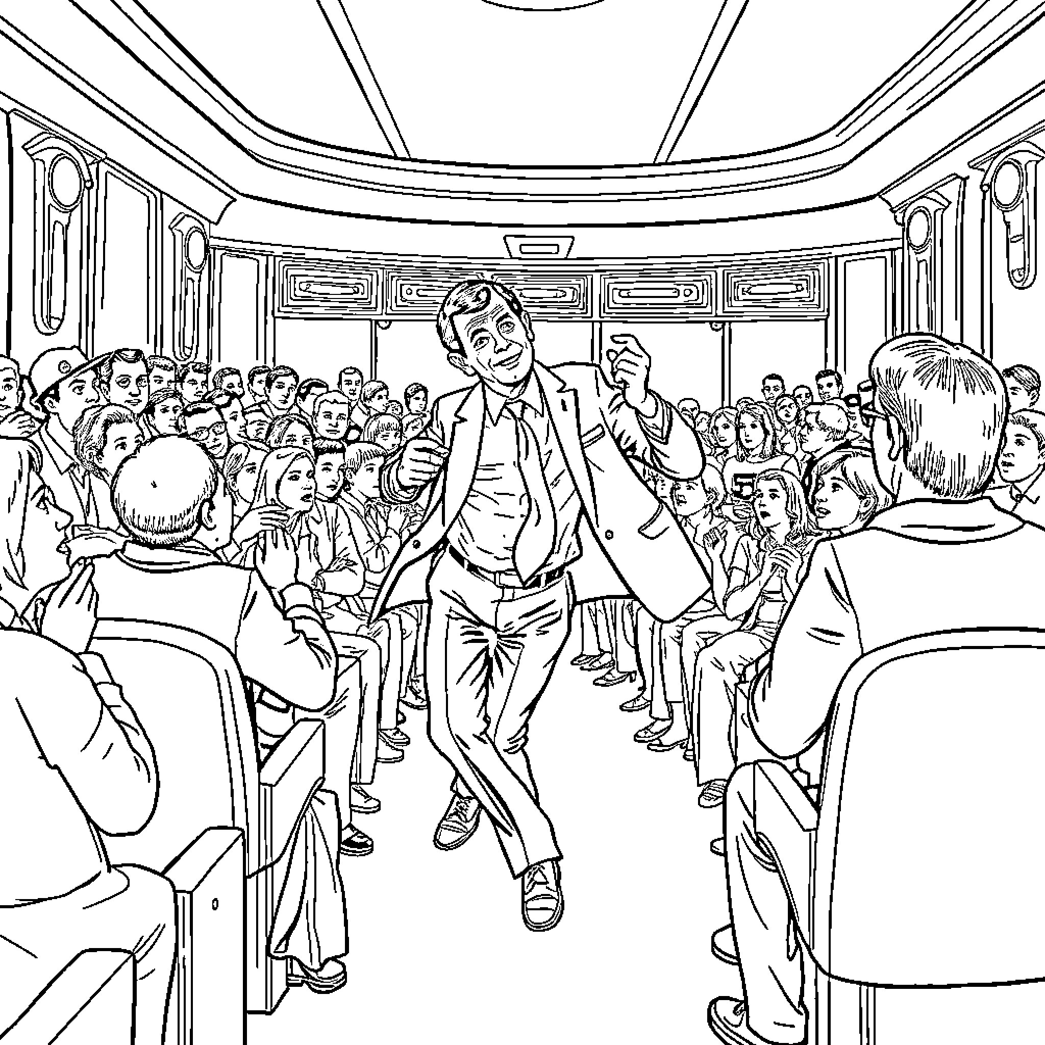 Mr Bean's Hilarious Antics on a Crowded Bus Coloring Page (free black-and-white line drawing printable PDF for all, from beginners to advanced learners, including children, teens, adults, and seniors)