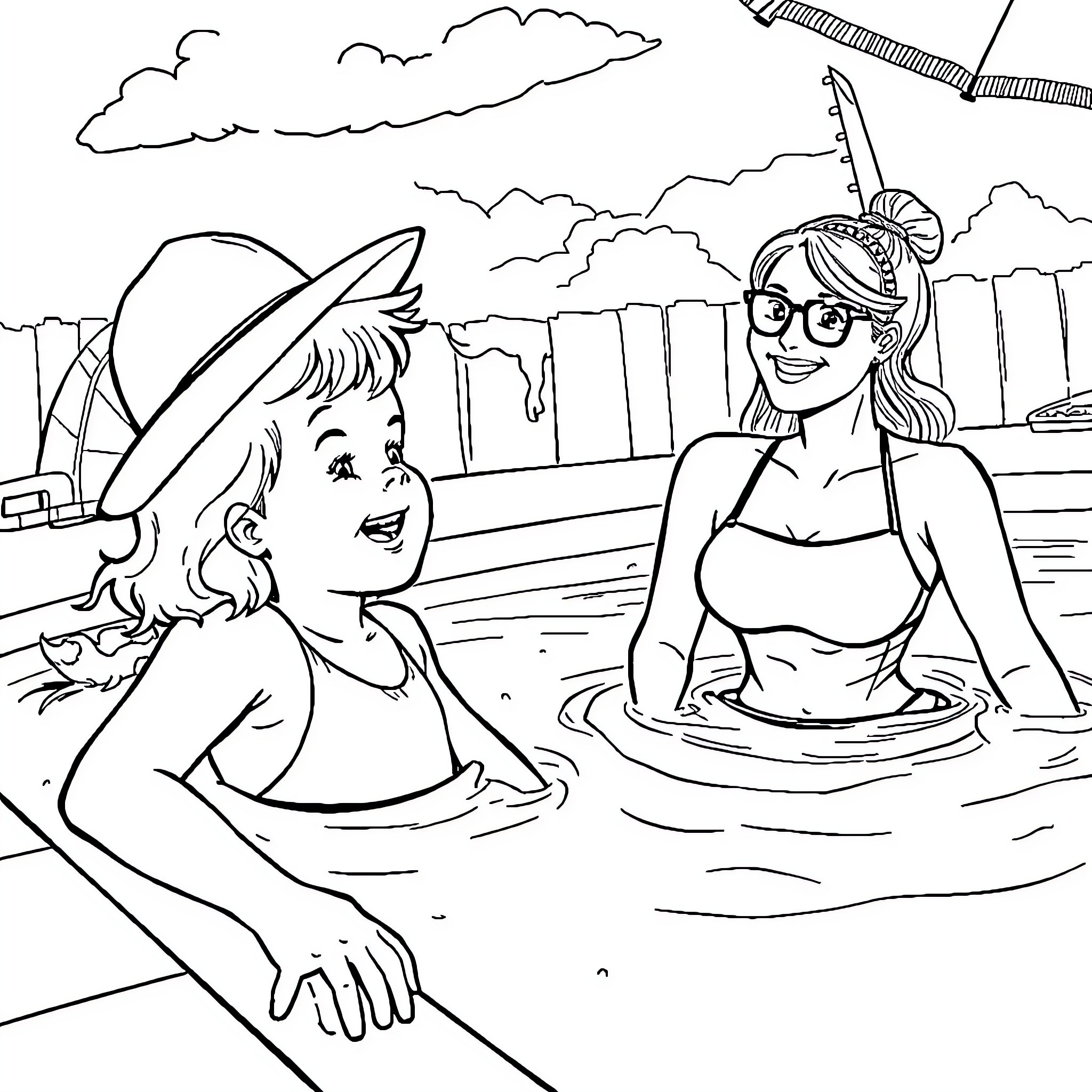 Filles enjoying a sunny day at the beach Coloring Page (free black-and-white line drawing printable PDF for all, from beginners to advanced learners, including children, teens, adults, and seniors)