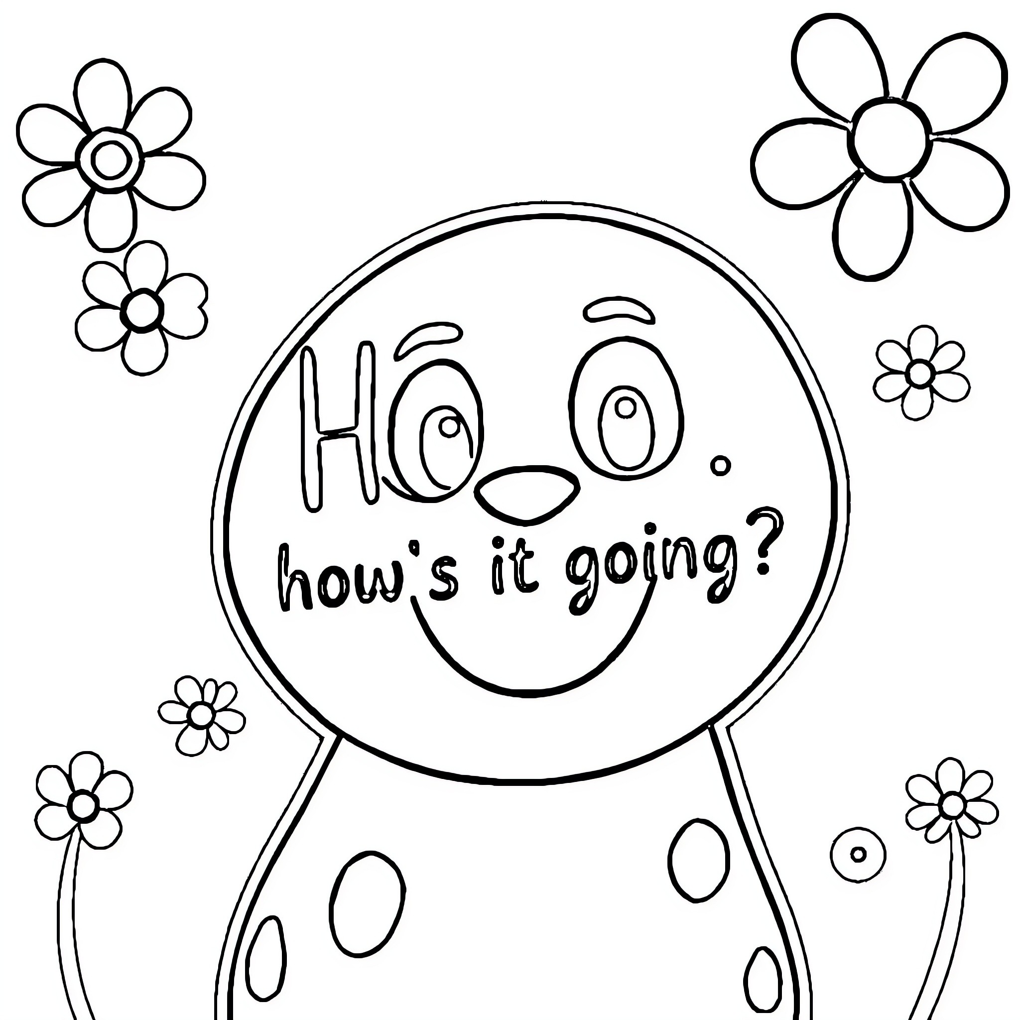 Hola, how's it going? Cheerful character surrounded by flowers Coloring Page (free black-and-white line drawing printable PDF for all, from beginners to advanced learners, including children, teens, adults, and seniors)