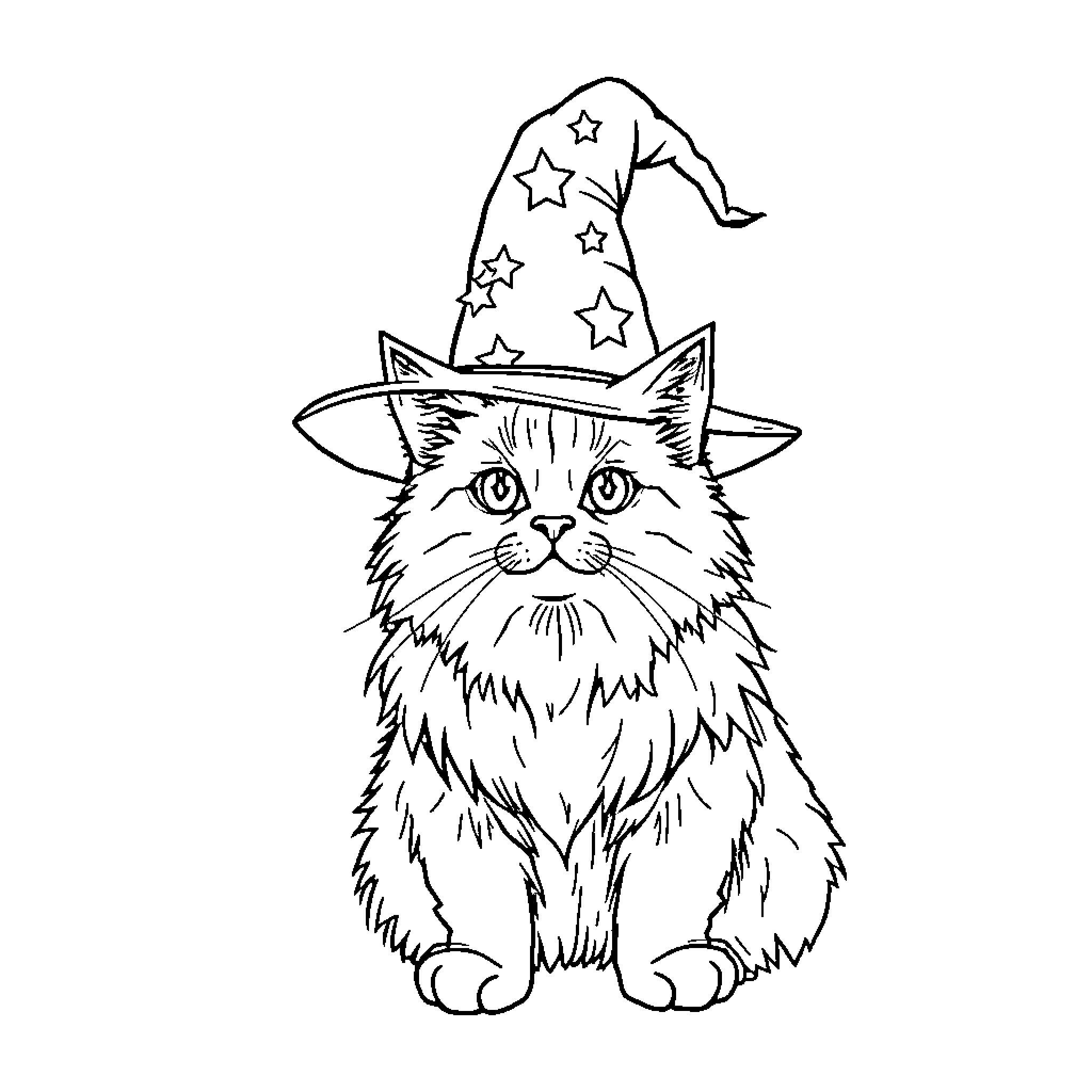 Cat wearing star-studded hat Coloring Page (free black-and-white line drawing printable PDF for all, from beginners to advanced learners, including children, teens, adults, and seniors)