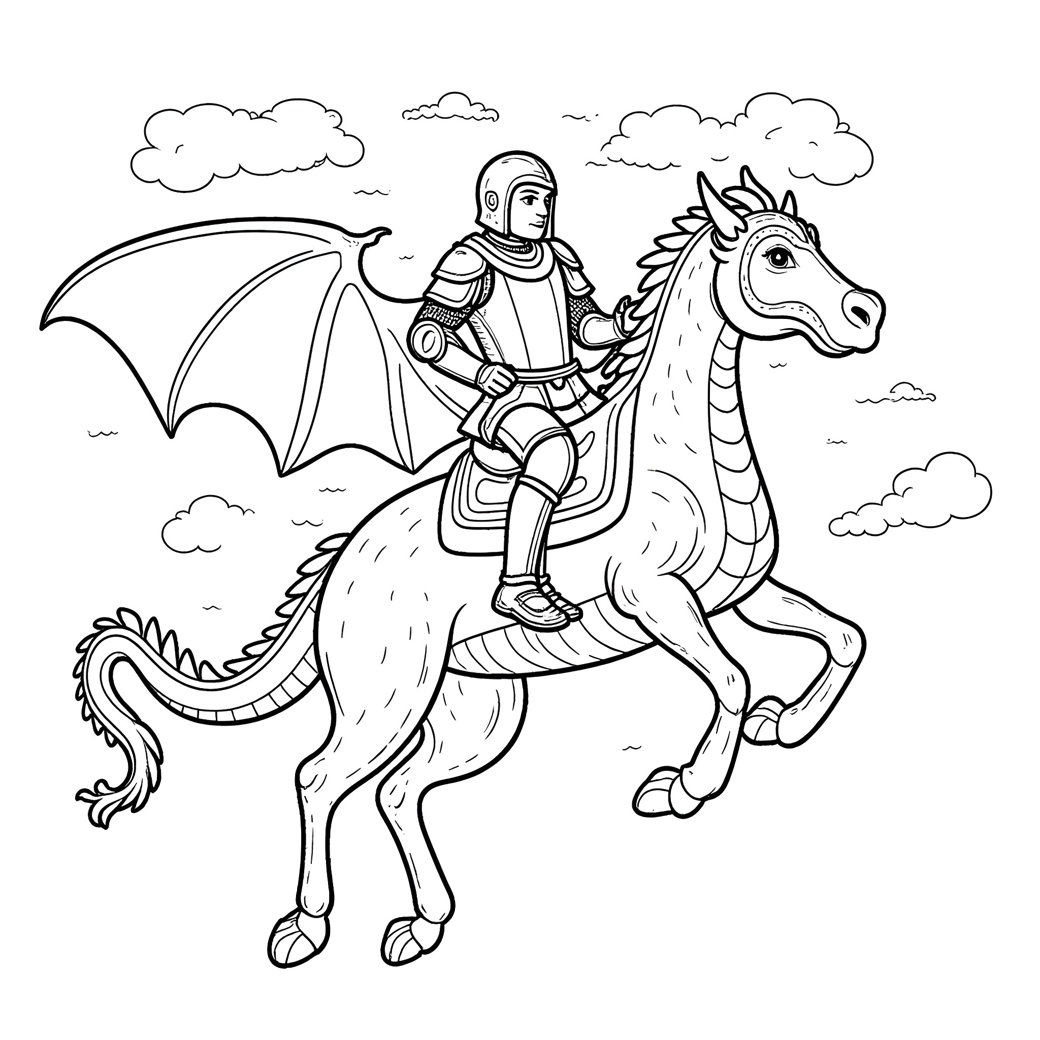 Knight riding a dragon through the clouds Coloring Page (free black-and-white line drawing printable PDF for all, from beginners to advanced learners, including children, teens, adults, and seniors)