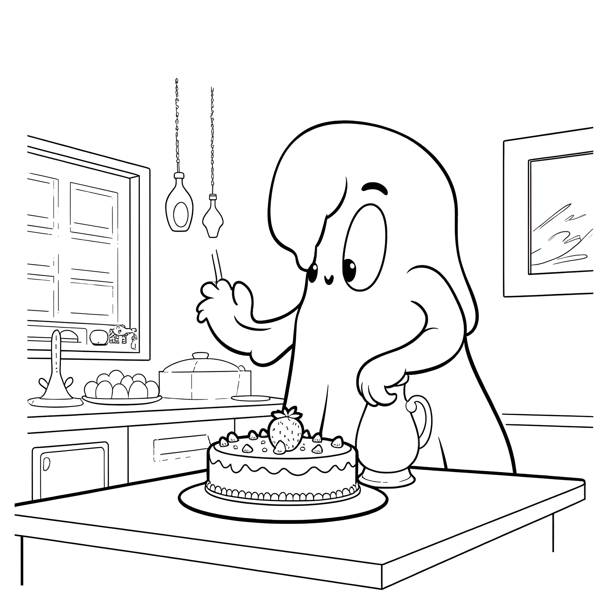 Ectoplasm figure preparing a birthday cake Coloring Page (free black-and-white line drawing printable PDF for all, from beginners to advanced learners, including children, teens, adults, and seniors)