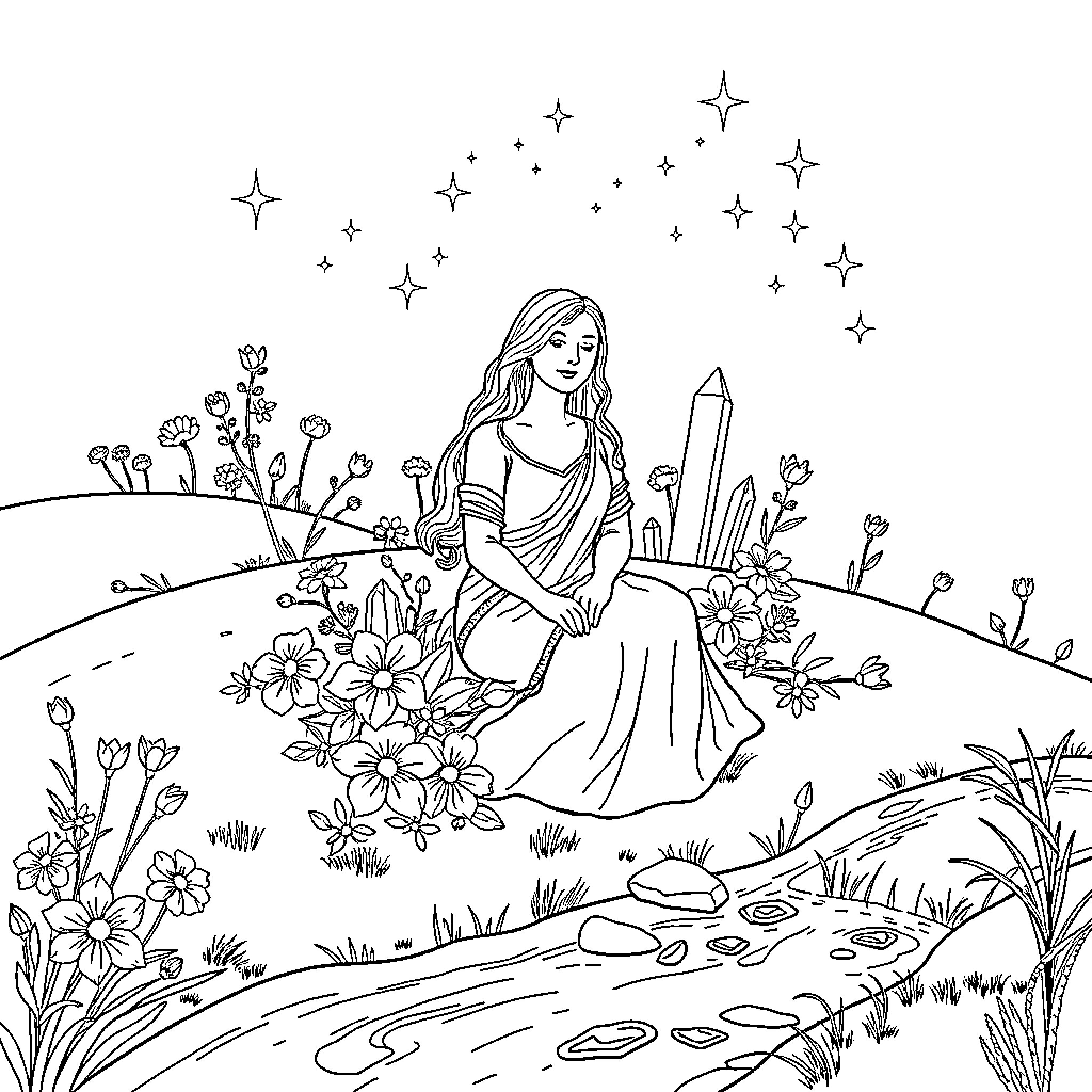 Mother Nature Resting Amidst Flowers and Stars Coloring Page (free black-and-white line drawing printable PDF for all, from beginners to advanced learners, including children, teens, adults, and seniors)