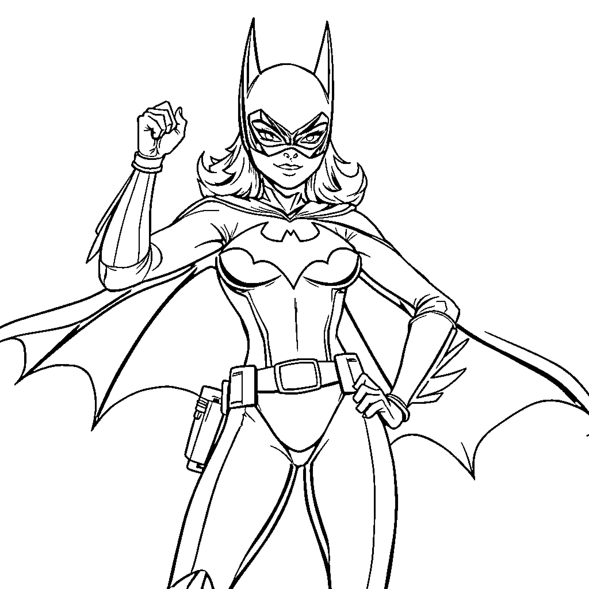 Batgirl in action pose with determined expression Coloring Page (free black-and-white line drawing printable PDF for all, from beginners to advanced learners, including children, teens, adults, and seniors)