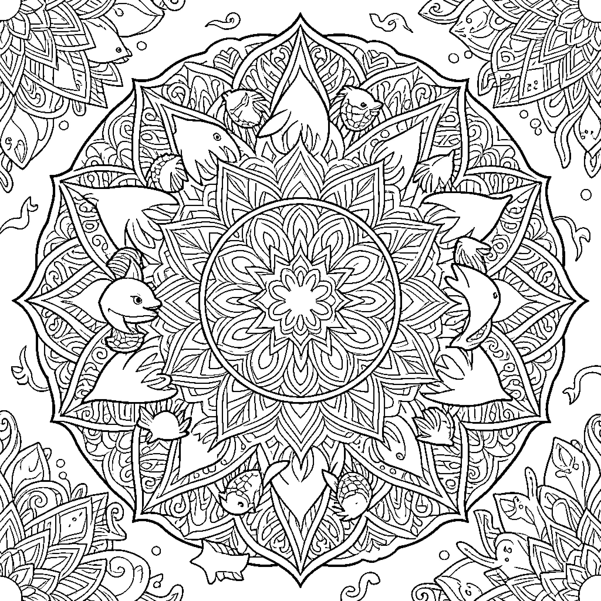 Marine Animal patterns arranged in a circular mandala Coloring Page (free black-and-white line drawing printable PDF for all, from beginners to advanced learners, including children, teens, adults, and seniors)