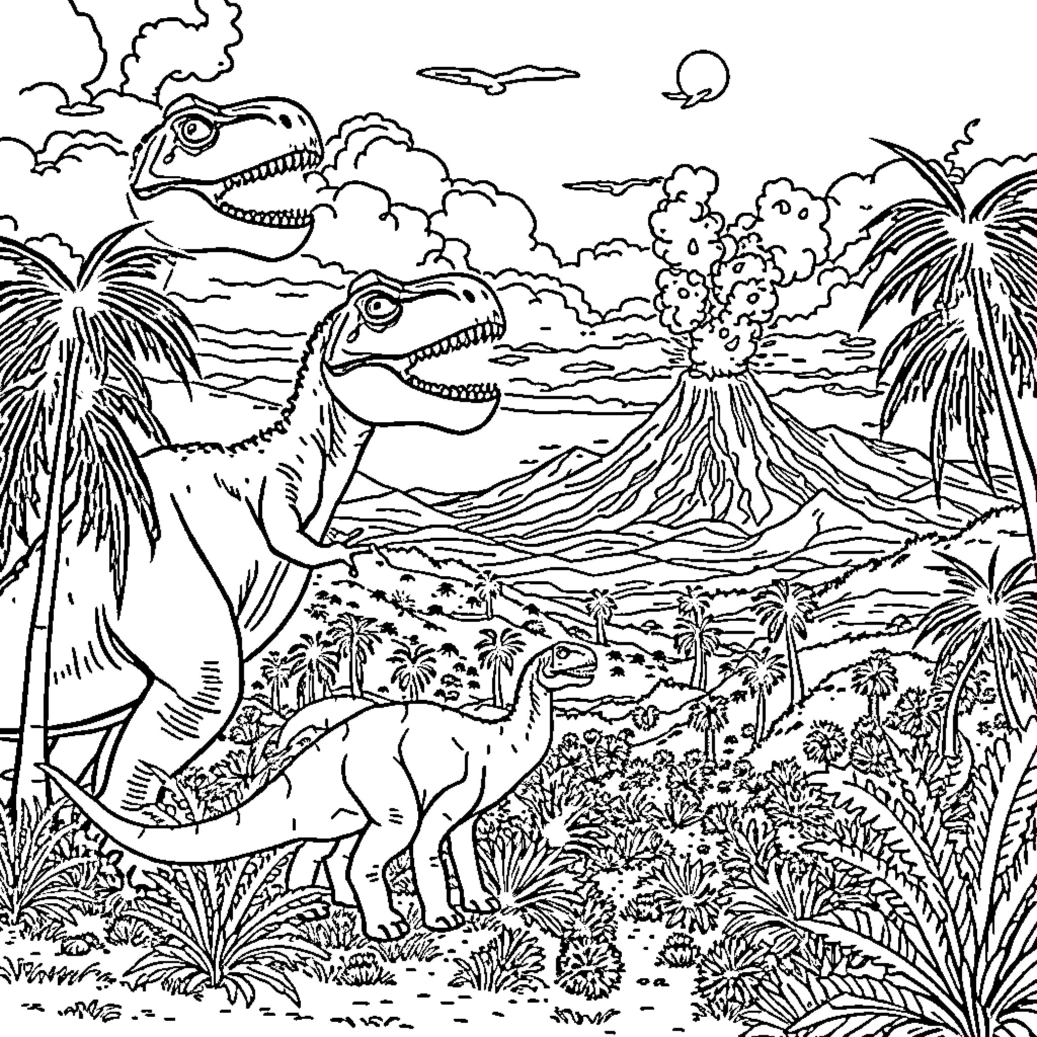 Dinosaurs in a prehistoric landscape Coloring Page (free black-and-white line drawing printable PDF for all, from beginners to advanced learners, including children, teens, adults, and seniors)