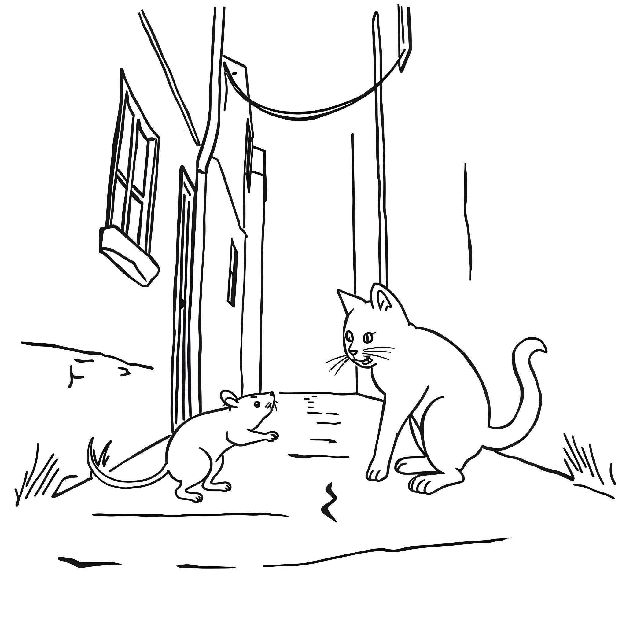 Cat and mouse in a rural setting Coloring Page (free black-and-white line drawing printable PDF for all, from beginners to advanced learners, including children, teens, adults, and seniors)