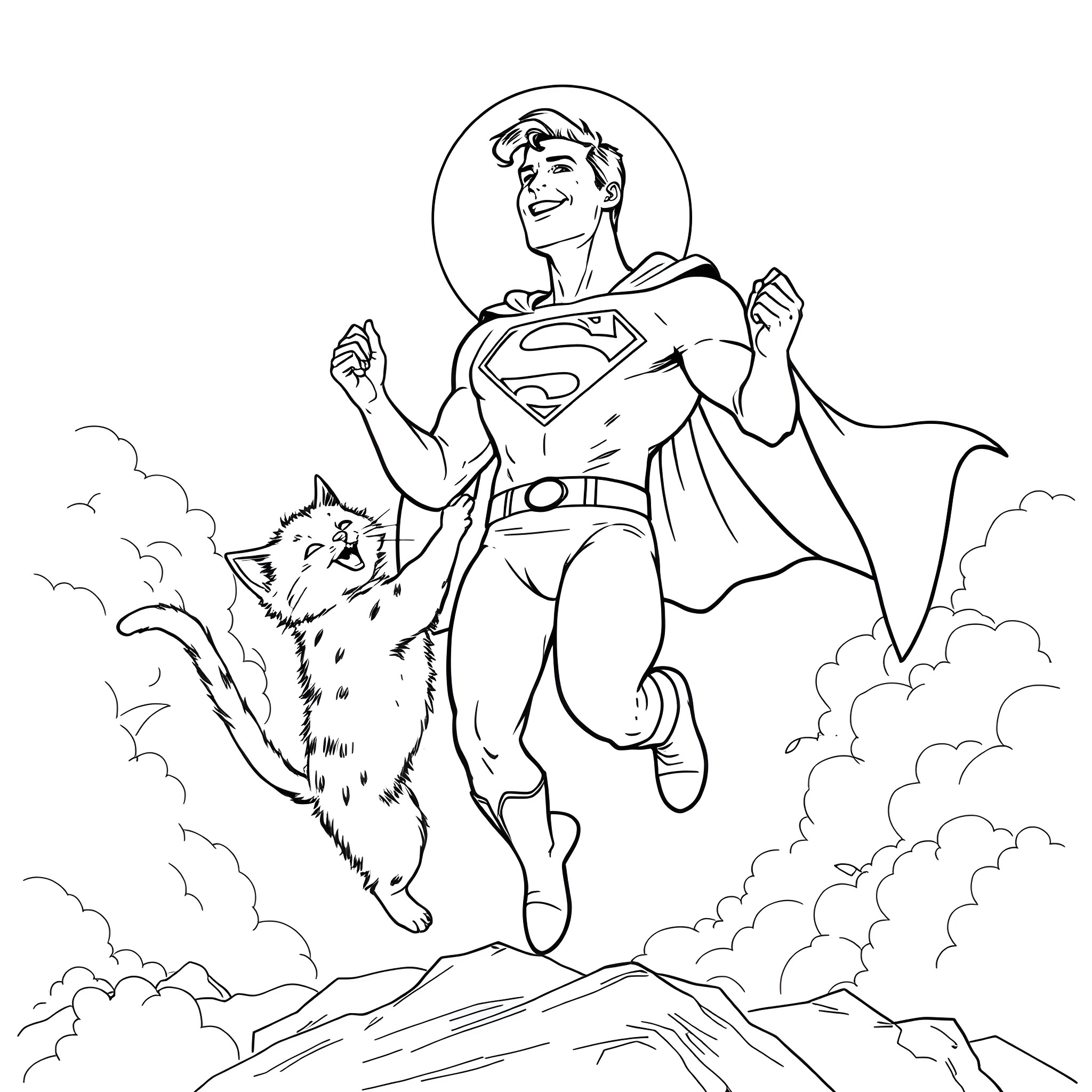 Cat superhero flying with cat companion Coloring Page (free black-and-white line drawing printable PDF for all, from beginners to advanced learners, including children, teens, adults, and seniors)