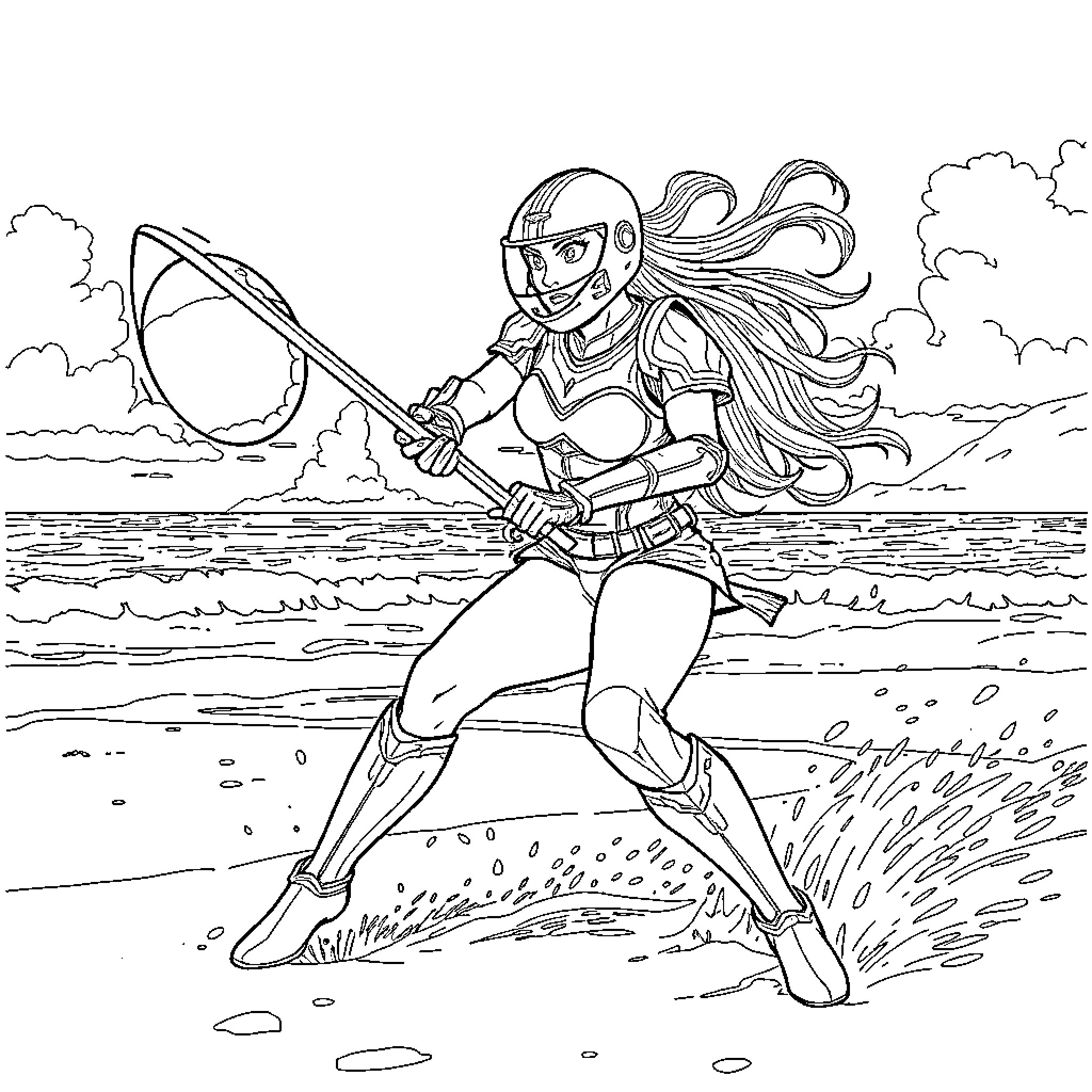 Guerrera Warrior Chasing Prey in Coastal Landscape Coloring Page (free black-and-white line drawing printable PDF for all, from beginners to advanced learners, including children, teens, adults, and seniors)