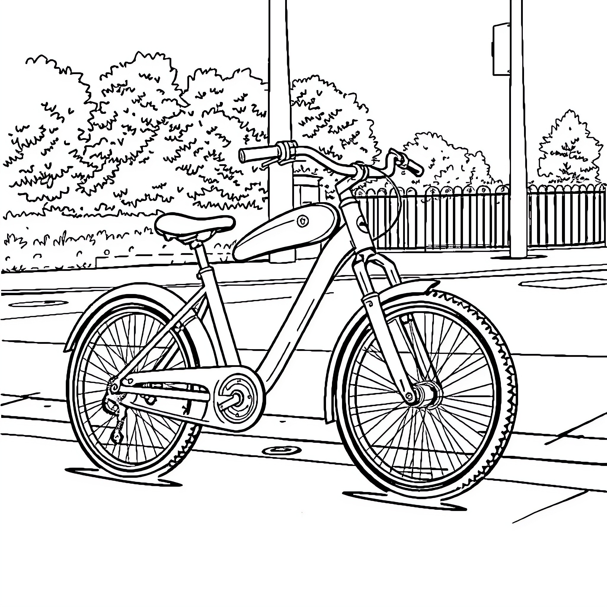 Bike in the Neighborhood Park Coloring Page (free black-and-white line drawing printable PDF for all, from beginners to advanced learners, including children, teens, adults, and seniors)