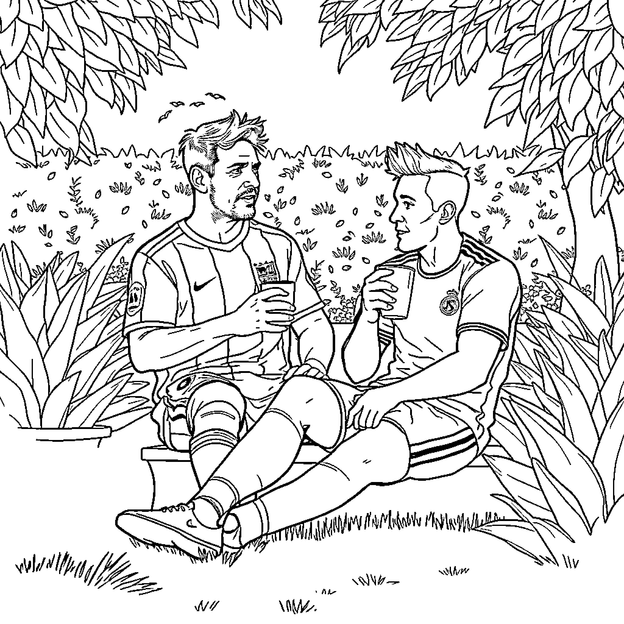 Messi and friend relaxing in a grassy field Coloring Page (free black-and-white line drawing printable PDF for all, from beginners to advanced learners, including children, teens, adults, and seniors)