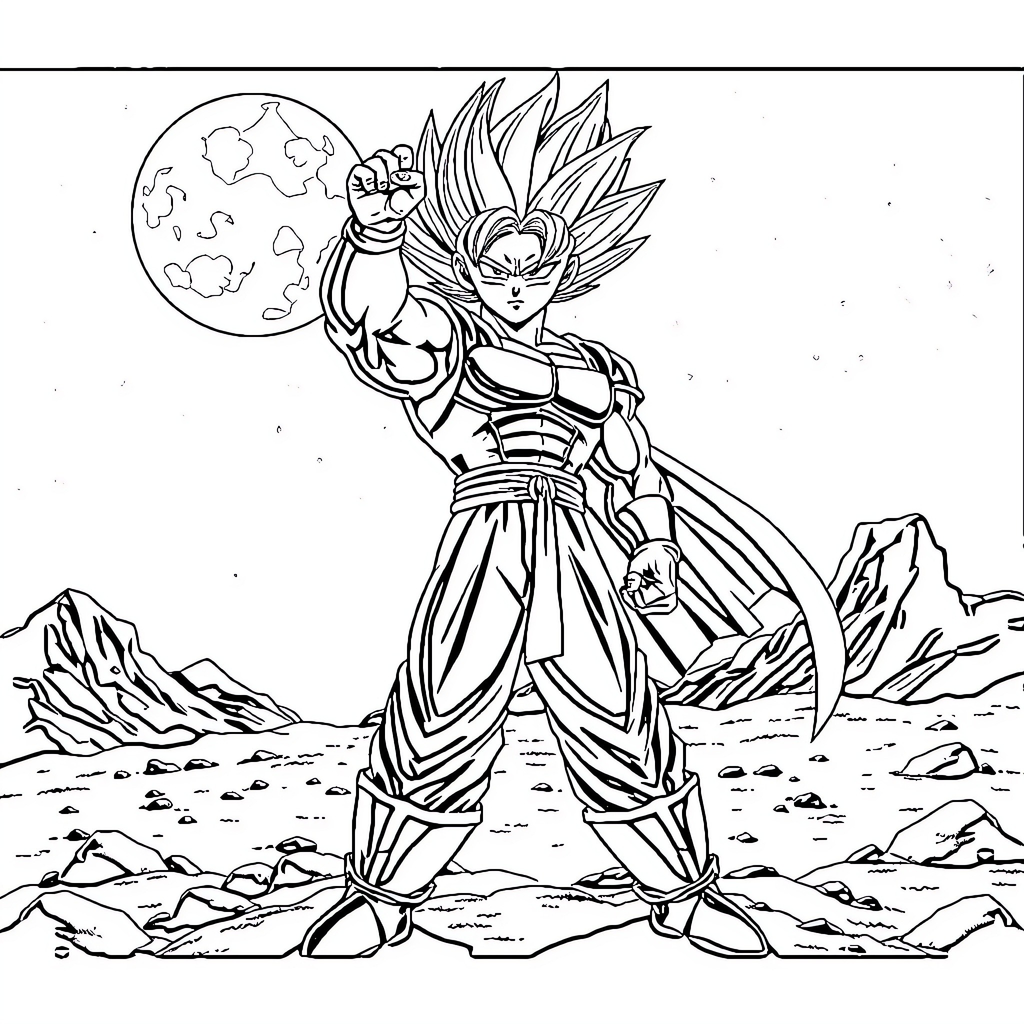 Vegeta's Powerful Stance in Barren Landscape Coloring Page (free black-and-white line drawing printable PDF for all, from beginners to advanced learners, including children, teens, adults, and seniors)