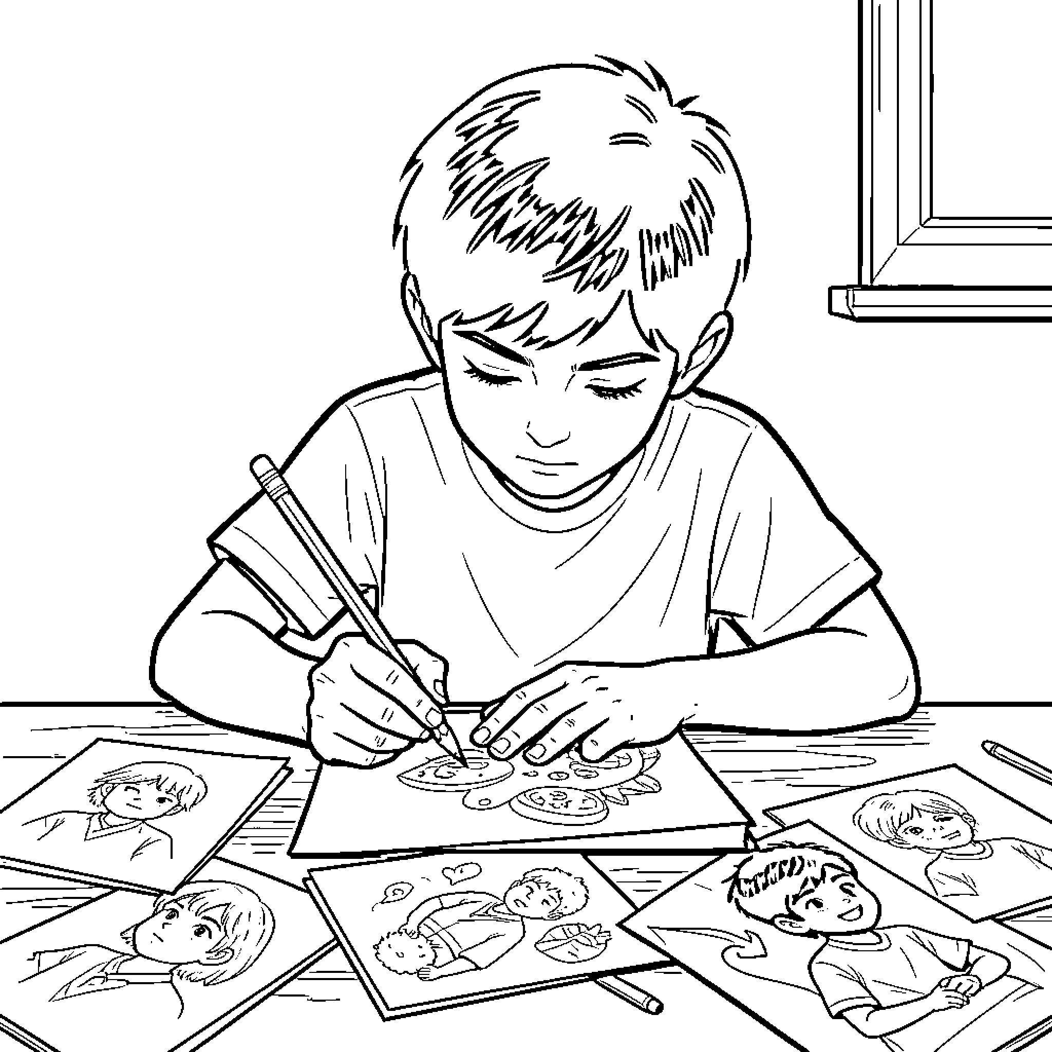 Gukesh focused on drawing sketches at a desk Coloring Page (free black-and-white line drawing printable PDF for all, from beginners to advanced learners, including children, teens, adults, and seniors)