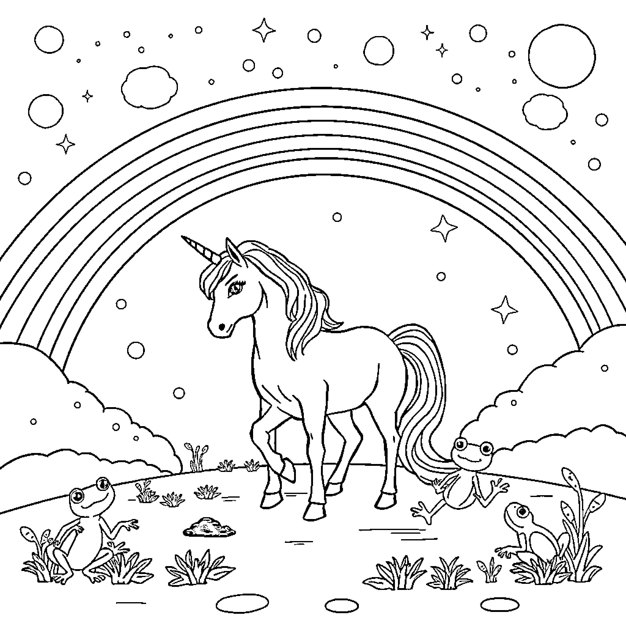Unicorn enjoying nature with friendly frogs Coloring Page (free black-and-white line drawing printable PDF for all, from beginners to advanced learners, including children, teens, adults, and seniors)
