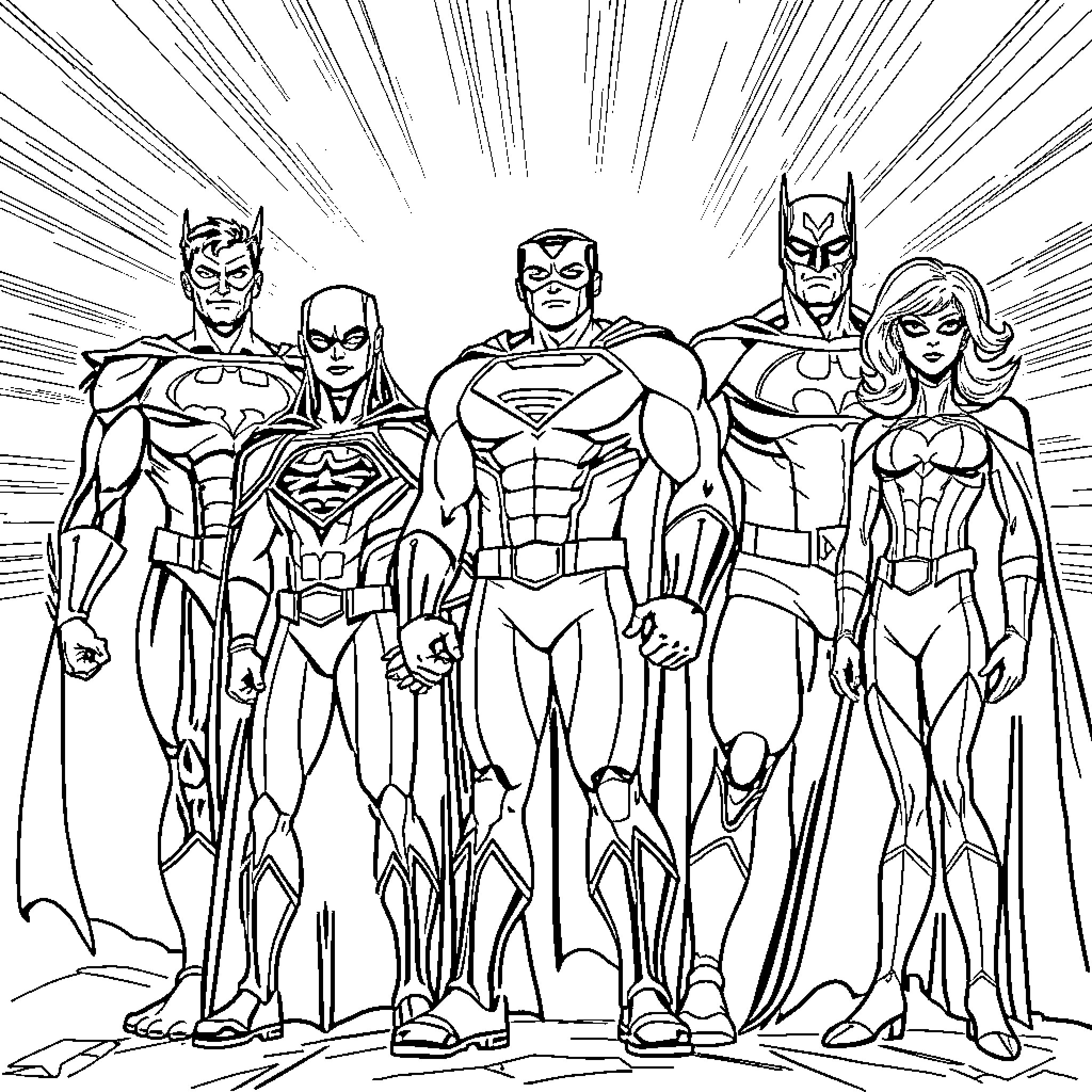Justice League heroes unite in epic pose Coloring Page (free black-and-white line drawing printable PDF for all, from beginners to advanced learners, including children, teens, adults, and seniors)