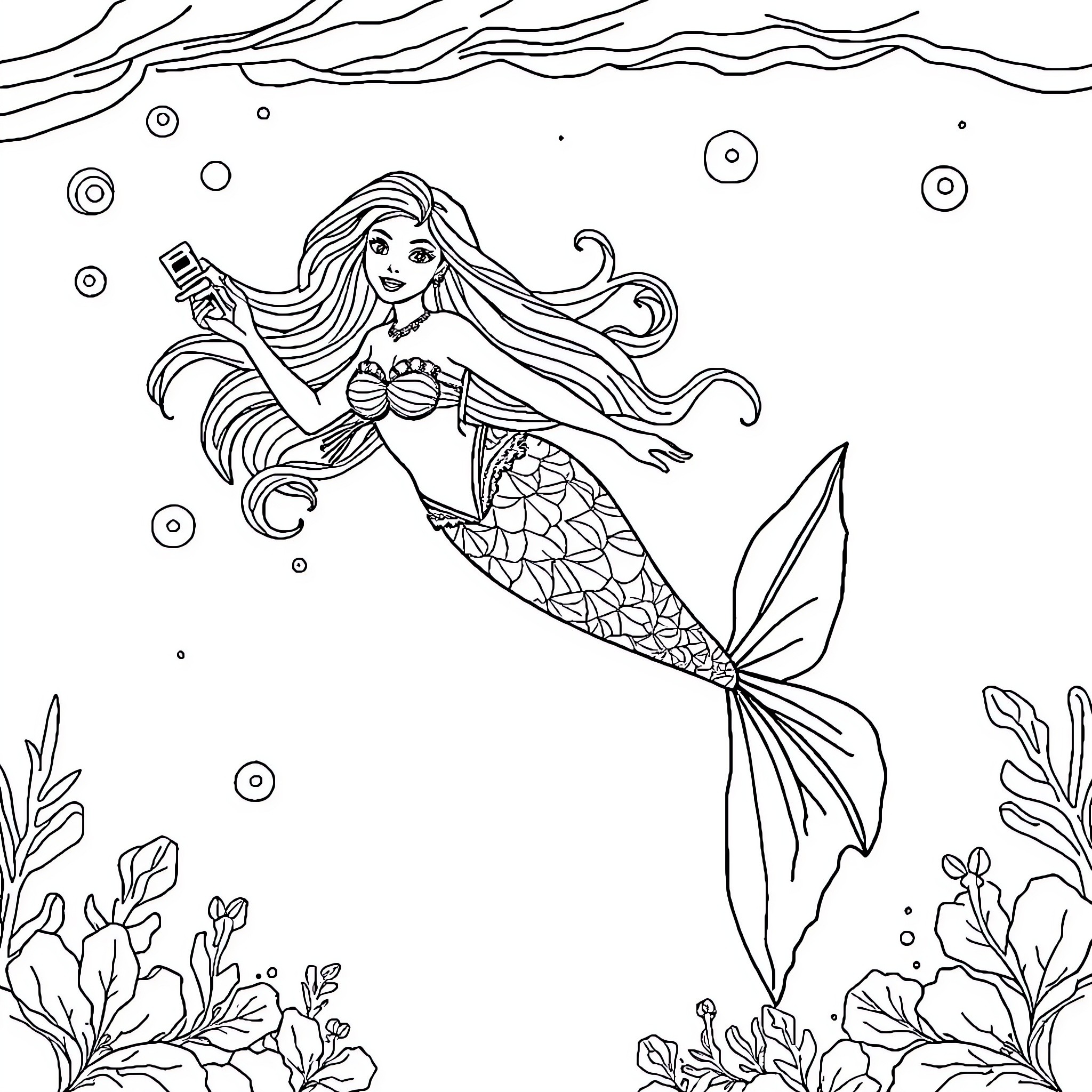 Mermaid exploring the underwater world Coloring Page (free black-and-white line drawing printable PDF for all, from beginners to advanced learners, including children, teens, adults, and seniors)