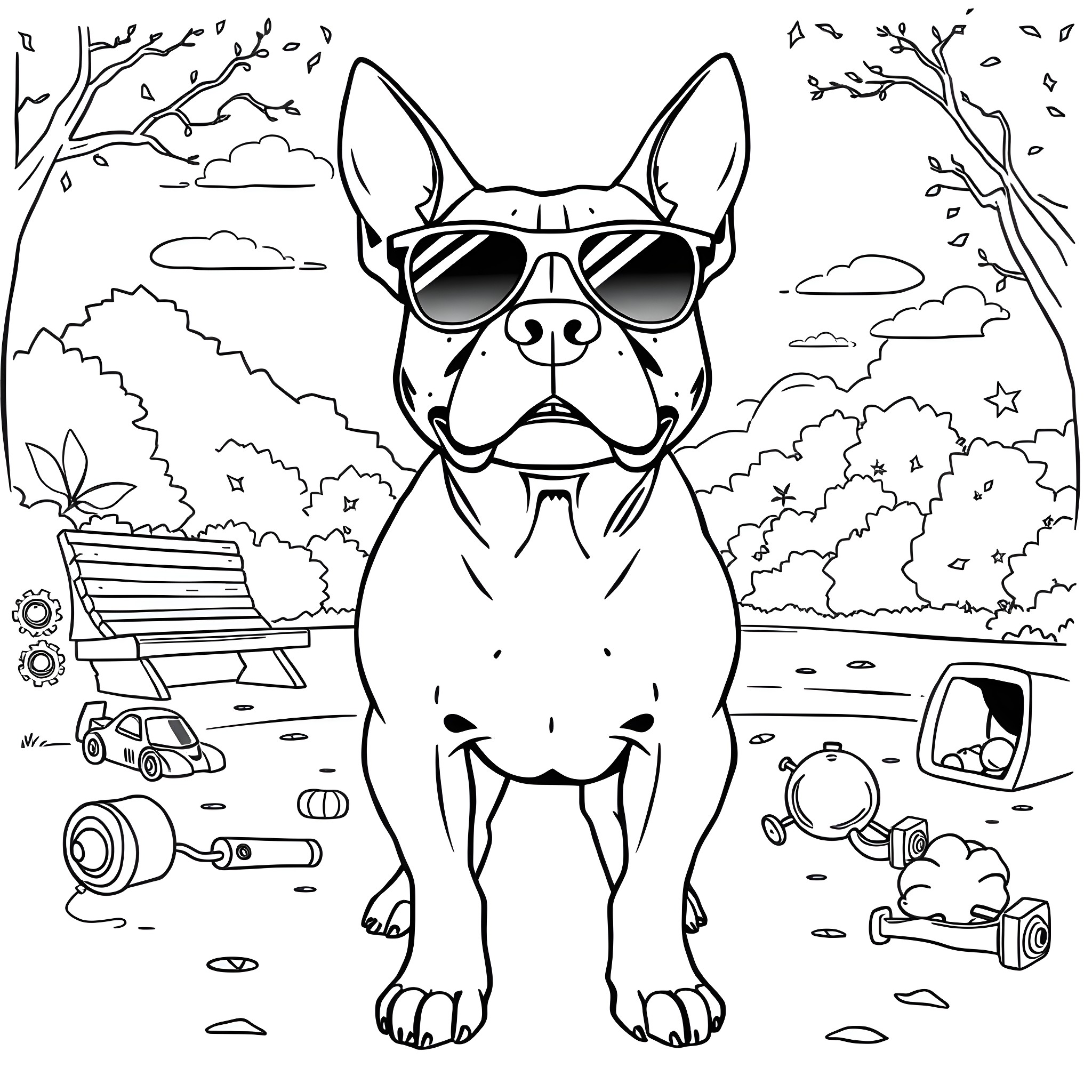 Pitbull wearing sunglasses in the park Coloring Page (free black-and-white line drawing printable PDF for all, from beginners to advanced learners, including children, teens, adults, and seniors)