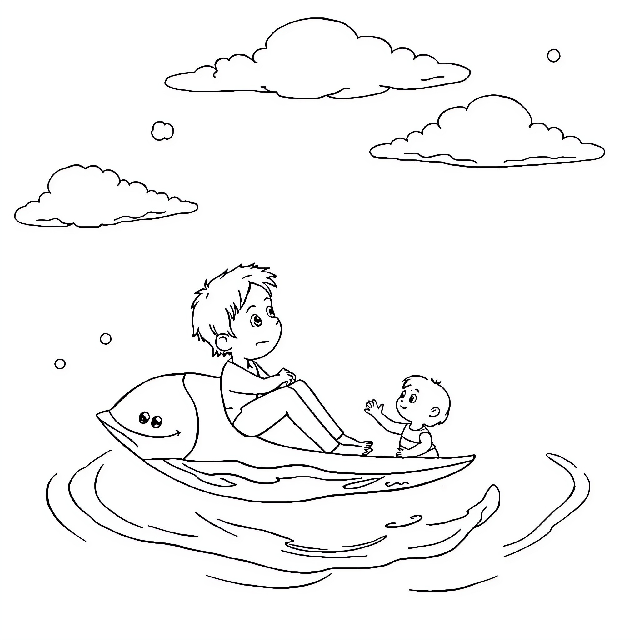 Ray and Child Floating on Boat in Water Coloring Page (free black-and-white line drawing printable PDF for all, from beginners to advanced learners, including children, teens, adults, and seniors)