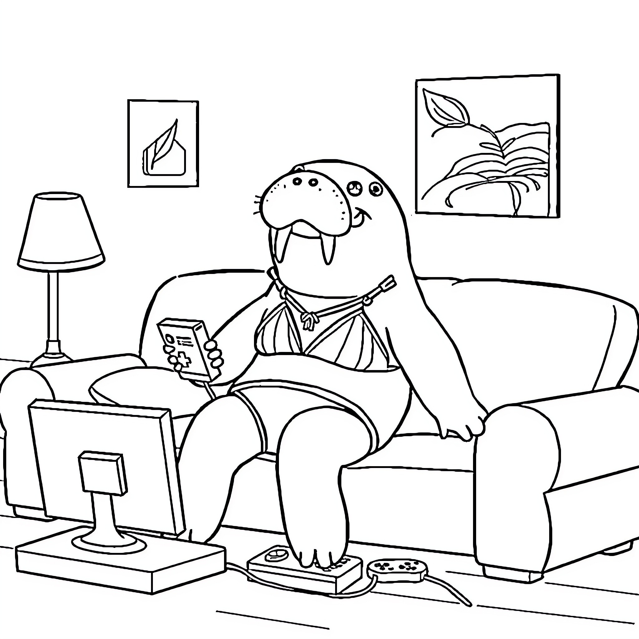 Manatee relaxing and enjoying video games at home Coloring Page (free black-and-white line drawing printable PDF for all, from beginners to advanced learners, including children, teens, adults, and seniors)