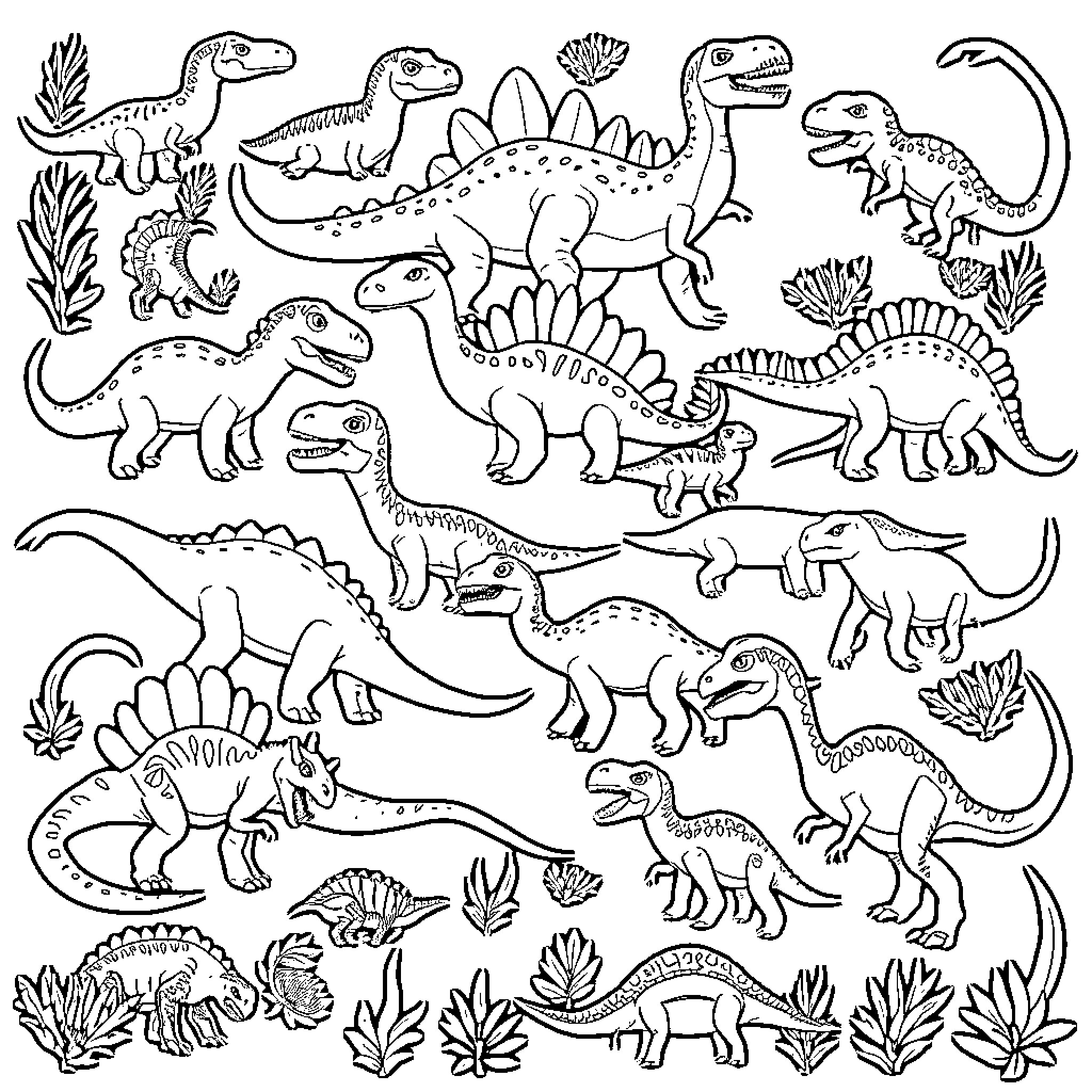 Dinosaur friends exploring the prehistoric landscape Coloring Page (free black-and-white line drawing printable PDF for all, from beginners to advanced learners, including children, teens, adults, and seniors)