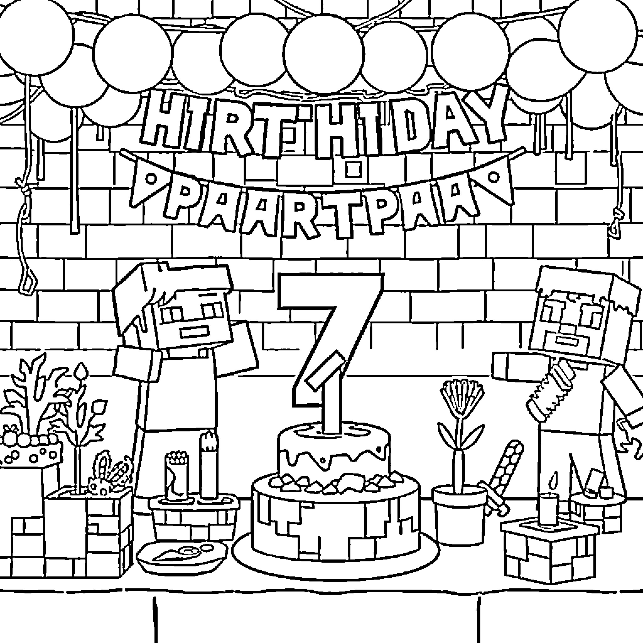 Minecraft birthday party celebration Coloring Page (free black-and-white line drawing printable PDF for all, from beginners to advanced learners, including children, teens, adults, and seniors)